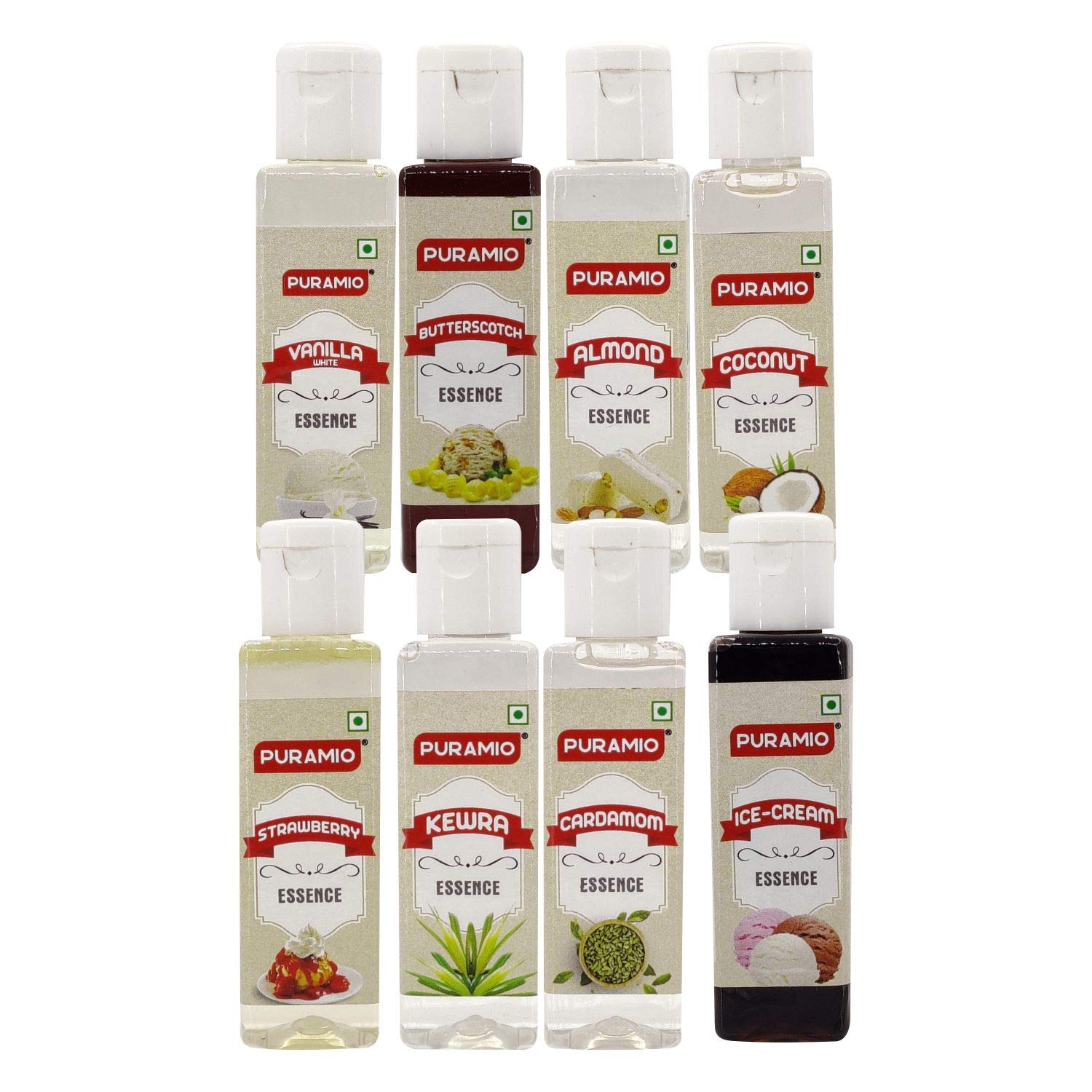Puramio Culinary Liquid Food Essence, Combo- (Pack of 8 (30ml each))- (VANILLA WHITE, CARDAMOM, BUTTERSCOTCH, KEWRA, STRAWBERRY, ALMOND, COCONUT, ICE CREAM)