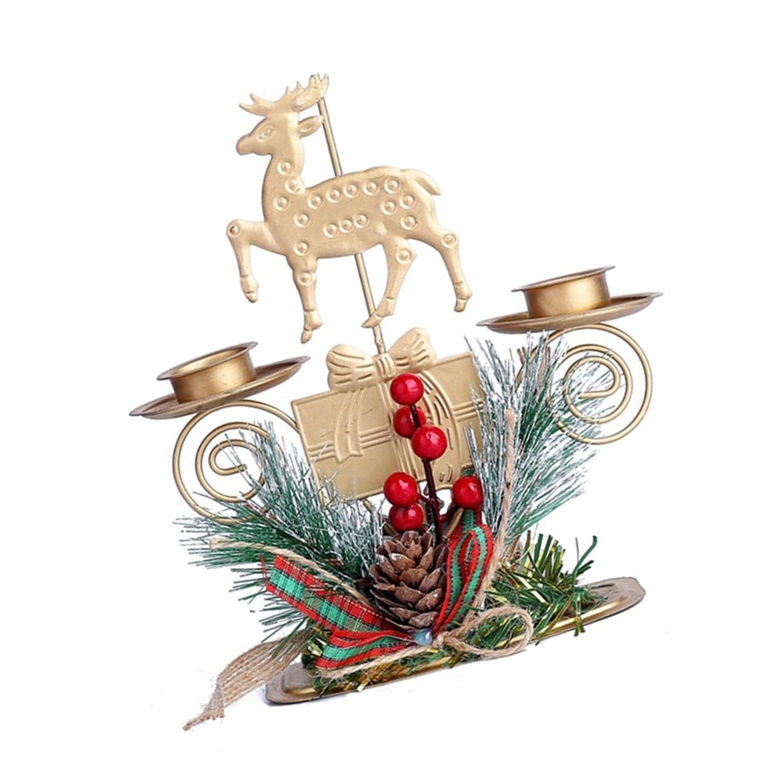 Tsophreniq Christmas Deer Metal Christmas Holder Festival 2 Pillar Candlestick With Berries Bowknot And Pine Nut For Holiday Decors Pillar Candlestick