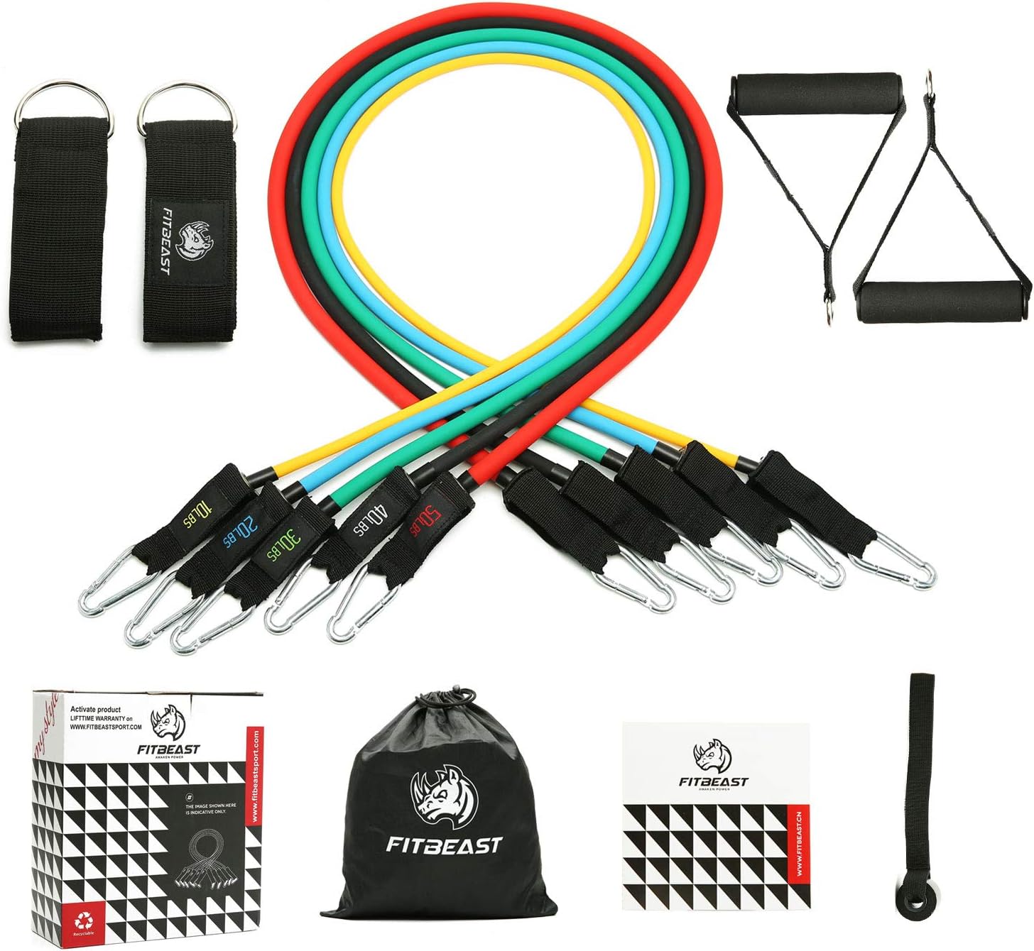 FitBeast Exercise Resistance Bands Set, Fitness Stretch Workout Bands 11PC with Fitness Tubes, Foam Handles, Ankle Straps, Door Anchor for Home Gym Fitness, Up to 150 lbs