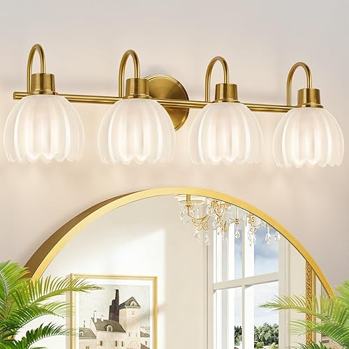 Vista 20 de Lámparas de baño de 4 luces, luces de tocador de 27 pulgadas de oro cepillado para baño con pantalla de tulipán transparente acanalado, accesorios