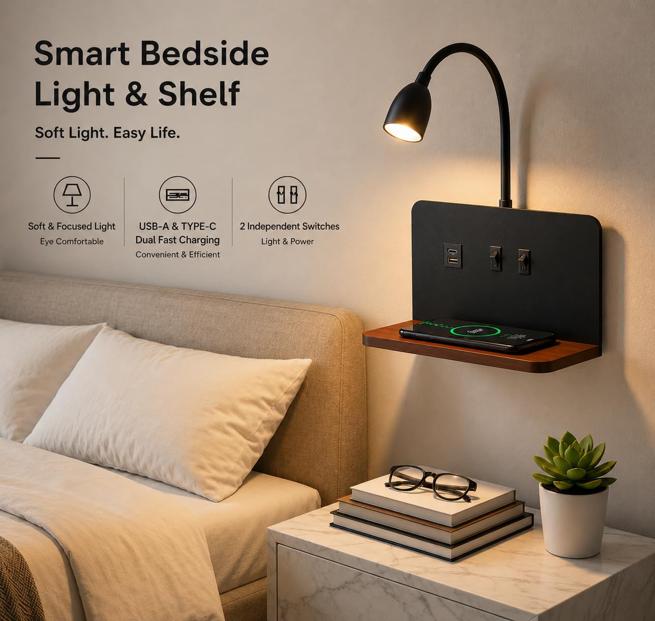 Schwarz LED Wandleuchte innen Holz Wandlampe schlafzimmer mit USB-A&USB-C Anschluss+15W Wireless Charger, Flexibler Schwanenhals Leselampe Bett 3 Farbtemperatur Modi, Bettlampe mit Stecker 1,5m Kabel