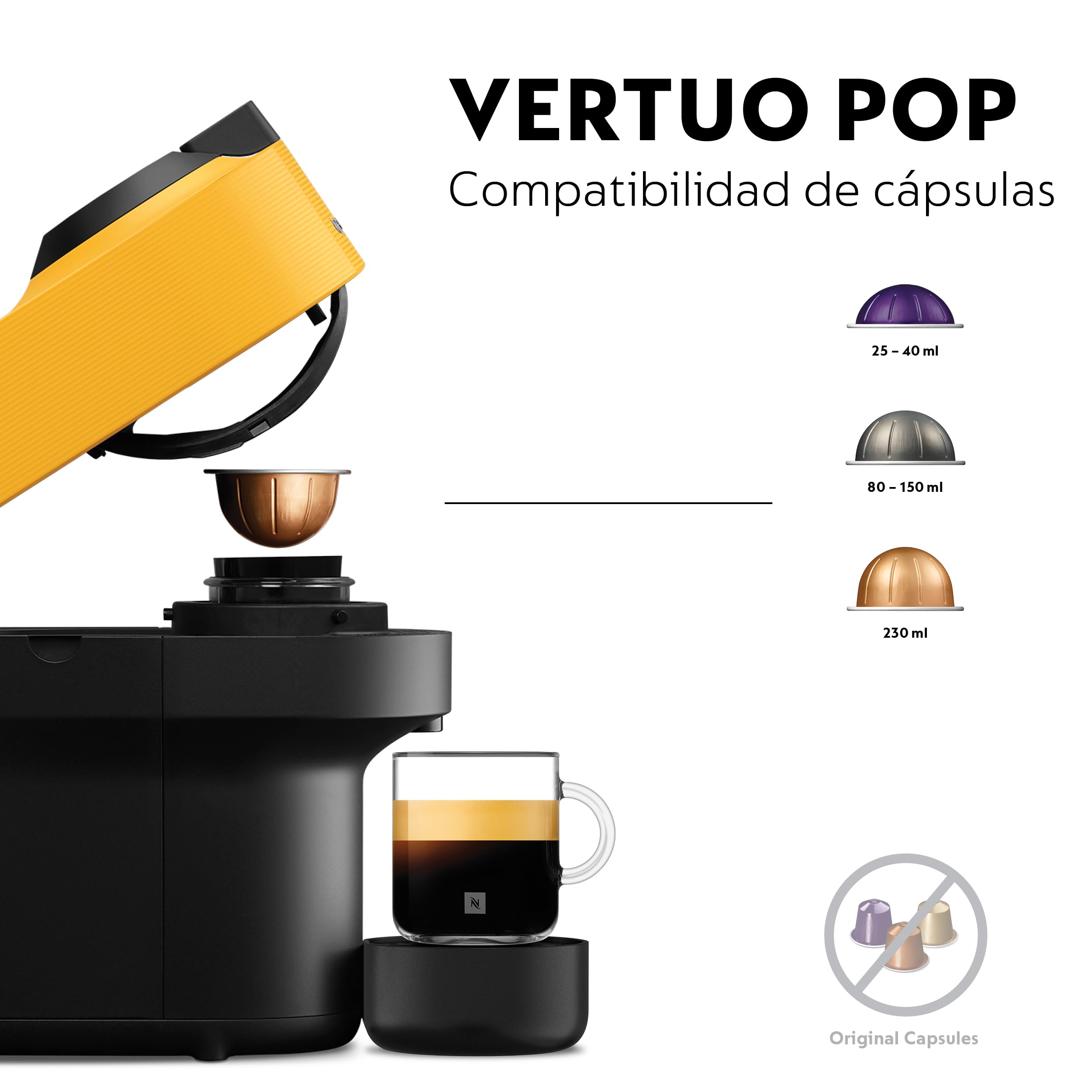 Nespresso De'Longhi Vertuo Pop ENV90.Y, Cafetera Automática, Máquina de Café de Cápsulas, 4 Tamaños de Taza, Tecnología de Centrifugado, Set de Bienvenida Incluido, Amarillo Mango