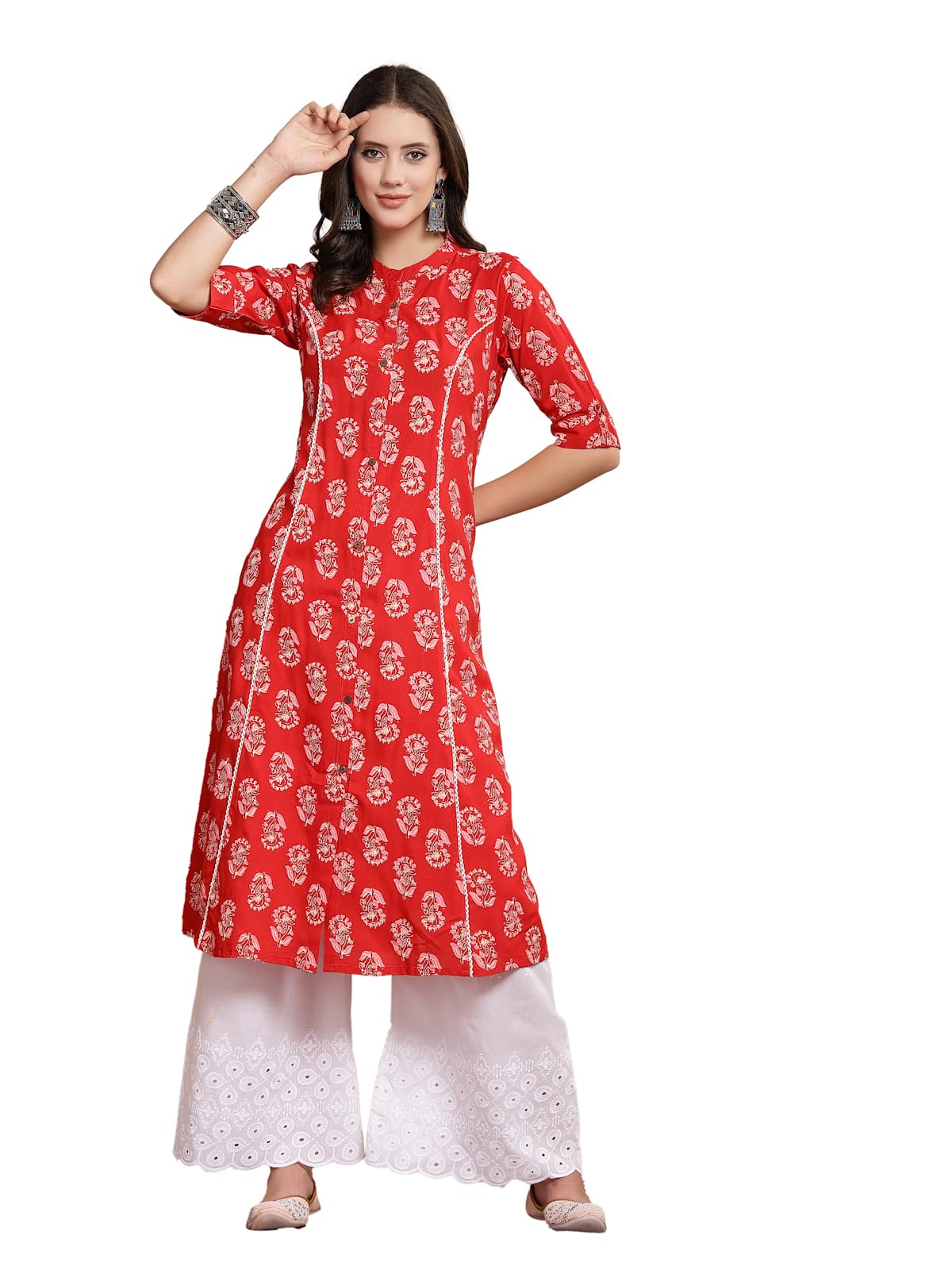 Stylum Women's Floral Printed Rayon A-Line Kurta (Johnyred42_Red, Xl)