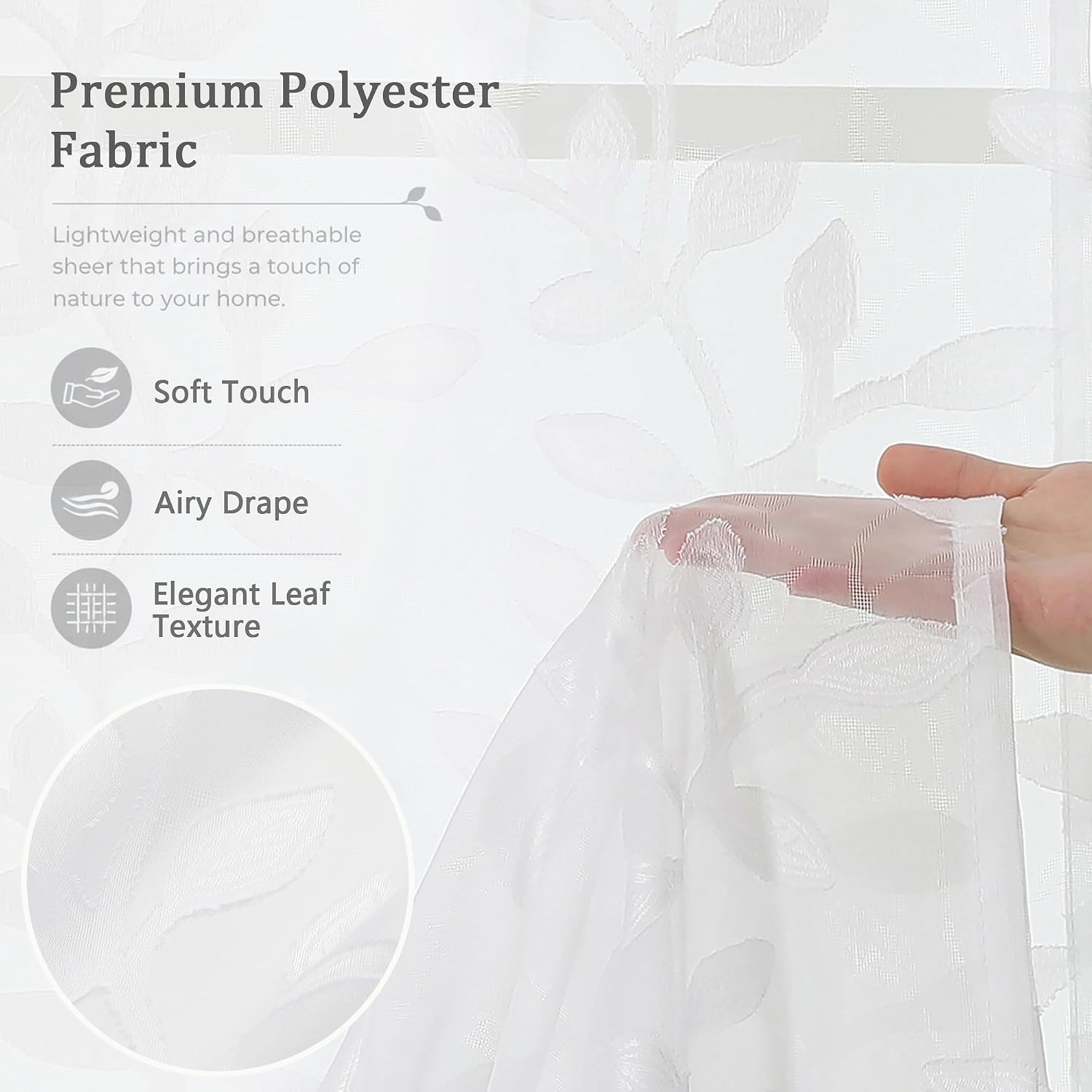 White Sheer Curtains 54 Inch Length - Light Filtering Leaf Jacquard Clip Textured Sheer Curtains for Bedroom Living Room, Modern Elegant Rod Pocket Window Drapes, 2 Panels, 2x42Wx54L Inches image 4