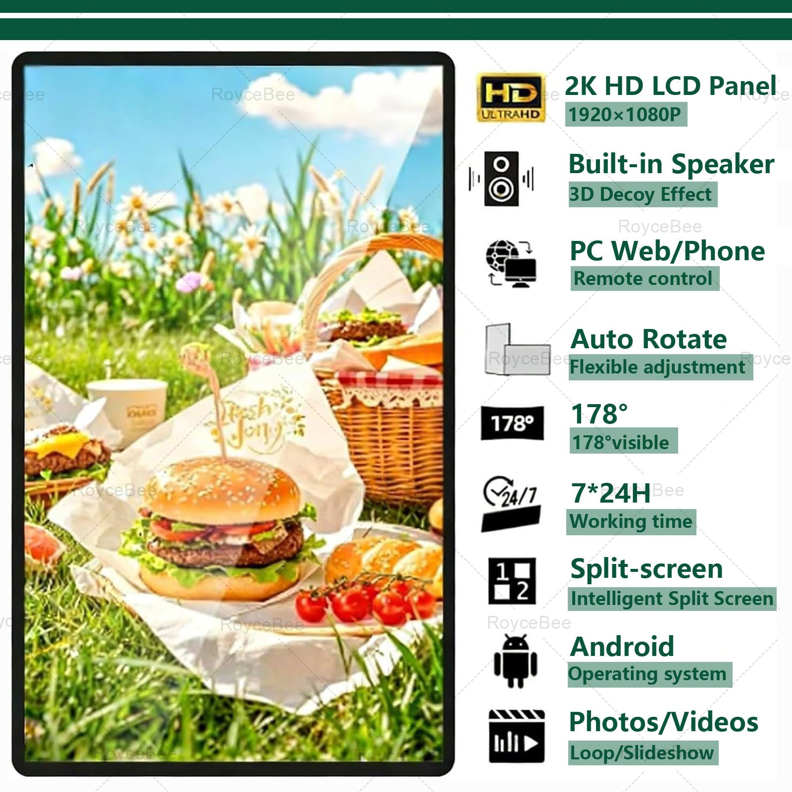 Ekran ścienny z systemem Android 1080P HD, 18,5 cala, 21,5 cala, 27-calowy wyświetlacz reklamowy WiFi, 178° ultraszeroki kąt IPS, poziomy i pionowy do kawiarni i sklepów 21.5in