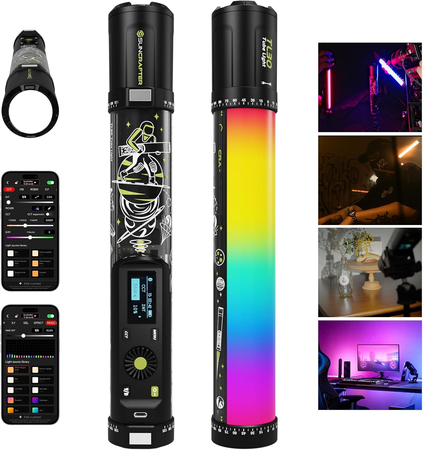 TL30 RGB Light Tube, RGBWW 360 Adjustable Magnetic Video Lighting Wand Stick with Smart APP Control, 2700K-10000K CRI96+ TLCI99+, 21 Scenes, Focus-Adjustable Spotlight, 5000mAh Battery