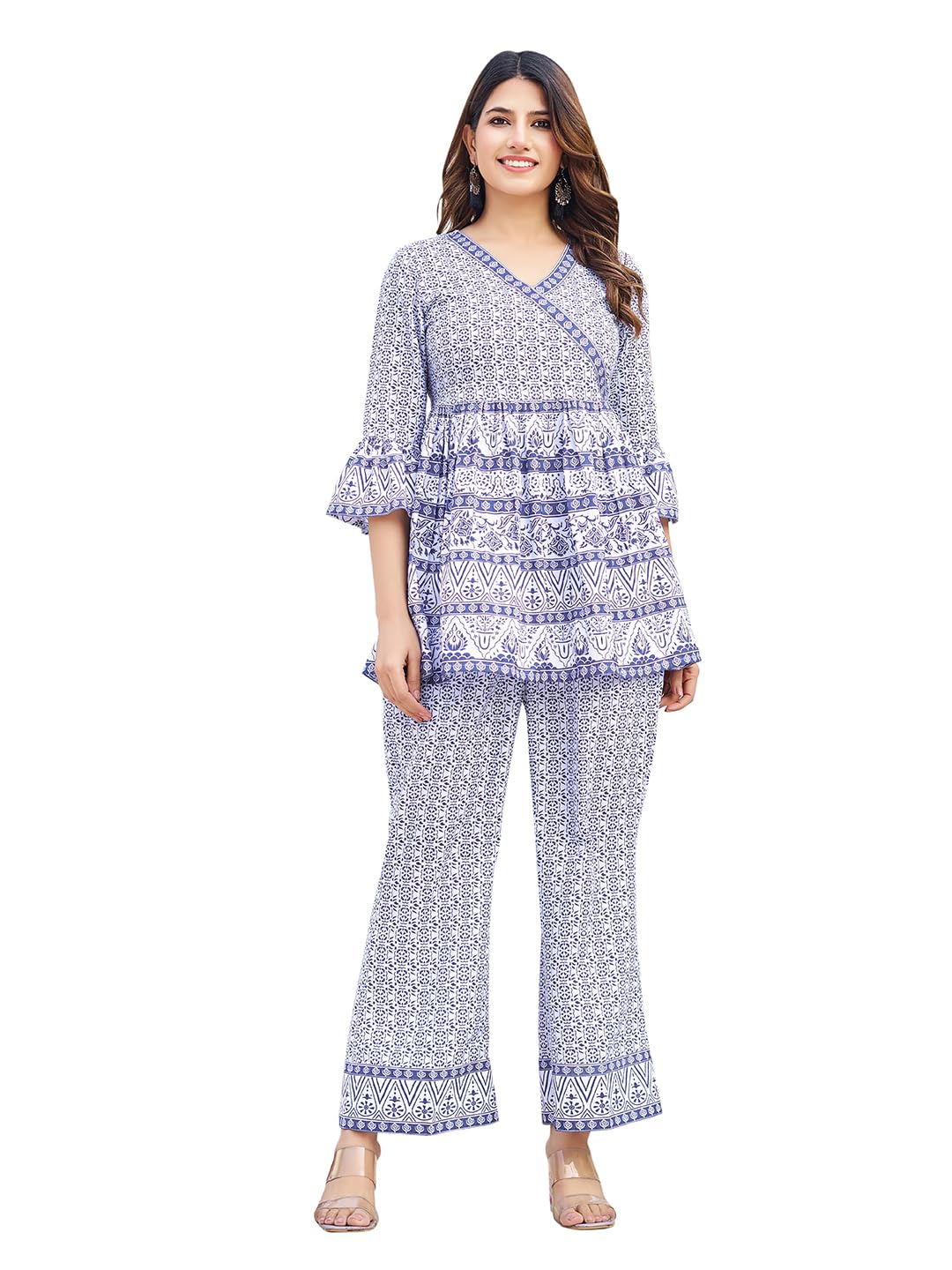 2-Piece Women's Co-ords Set - Silk Blend V-Neck 3/4 Sleeve Regular Fit Casual Shirt & Trousers Printed Design-image-34