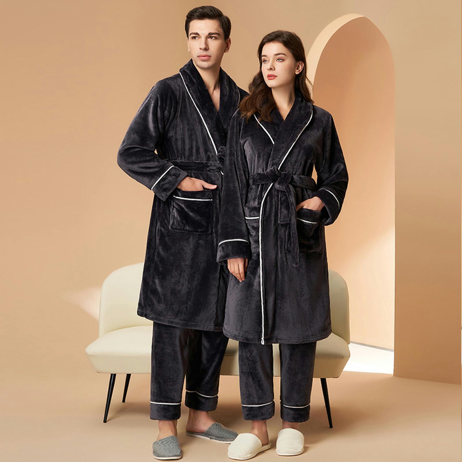 Pigiama Donna Pigiami in Pile di Corallo Autunno E Invernale da Uomo E da Donna - Nightdresses E Camicie da Notte da Donna, Calorosi E Confortevoli Abiti-Donne Nere-XXXL