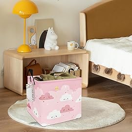 FANKANG Square Nursery Hamper Storage Bins Canvas Laundry Basket Foldable with Waterproof PE Coating Storage Baskets Gift Baskets for Children, Office, Bedroom, ClothesSquare-pink cloud 