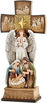 Avalon Gallery Christmas Figurines - Joseph Mary with Jesus and Angel Standing Cross Centerpiece Figurine, 14-Inch, Nativity Cross