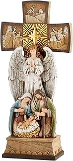 Avalon Gallery Christmas Figurines - Joseph Mary with Jesus and Angel Standing Cross Centerpiece Figurine, 14-Inch, Nativity Cross