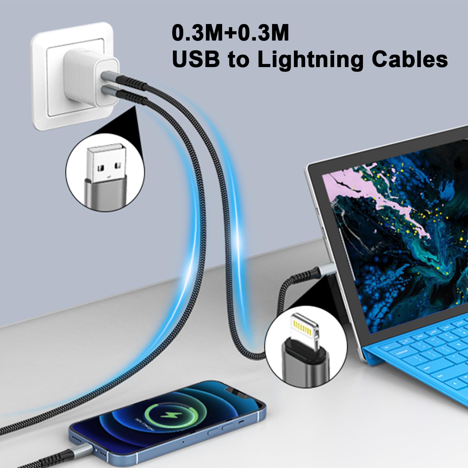 Teione Cavo Lightning Corto 30cm (2 Pezzi) MFi Certificato - Ricarica Veloce 2.4A E Sincronizzazione - Intrecciato Nylon Per IPhone E IPad