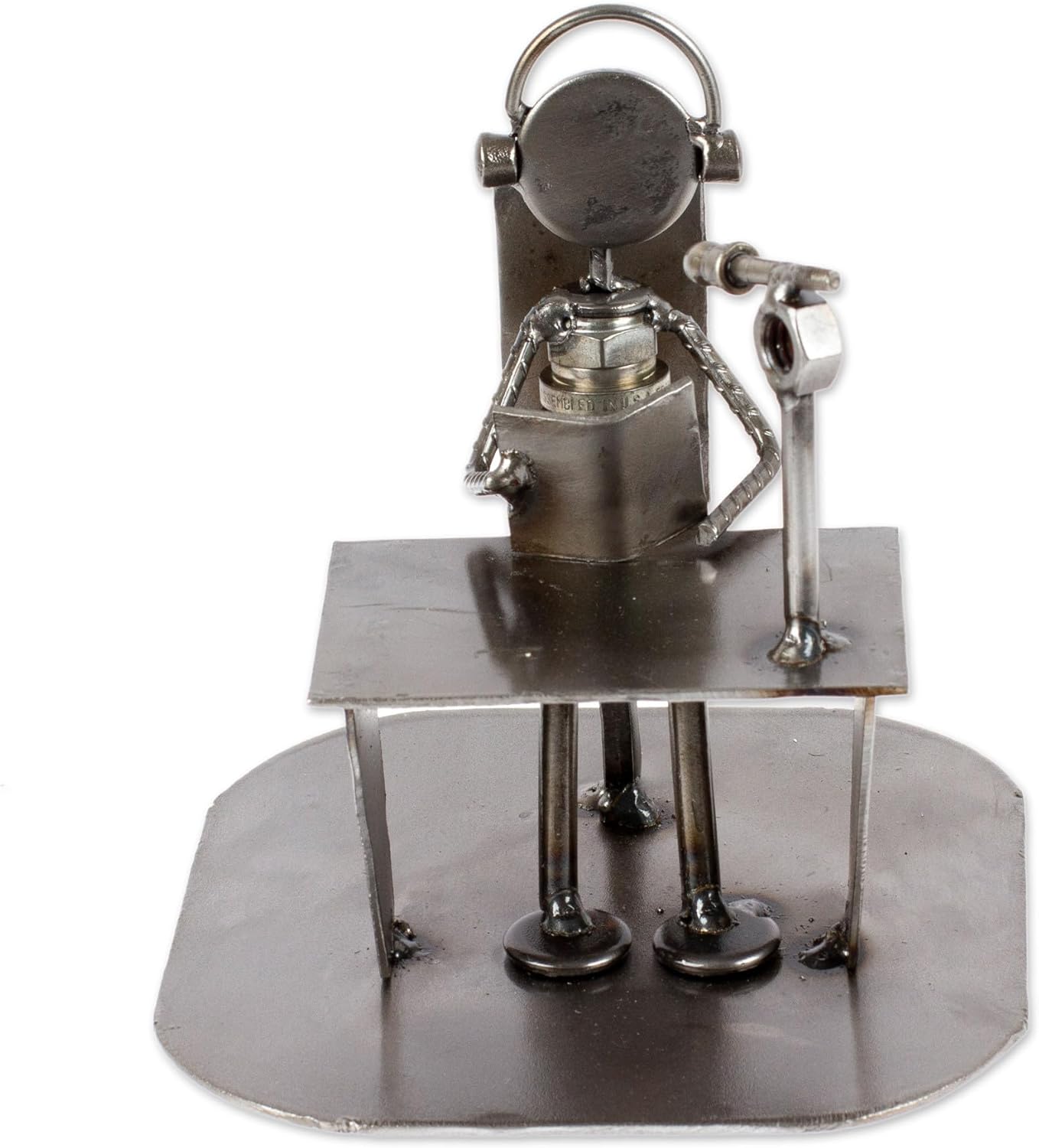 NOVICA Artisan Handmade Recycled Metal Auto Part Sculpture of Seated Broadcaster Metallic Mexico Upcycled People Portraits Eco Friendly Modern [4.7in H x 5in W x 5in D] ' Broadcaster'