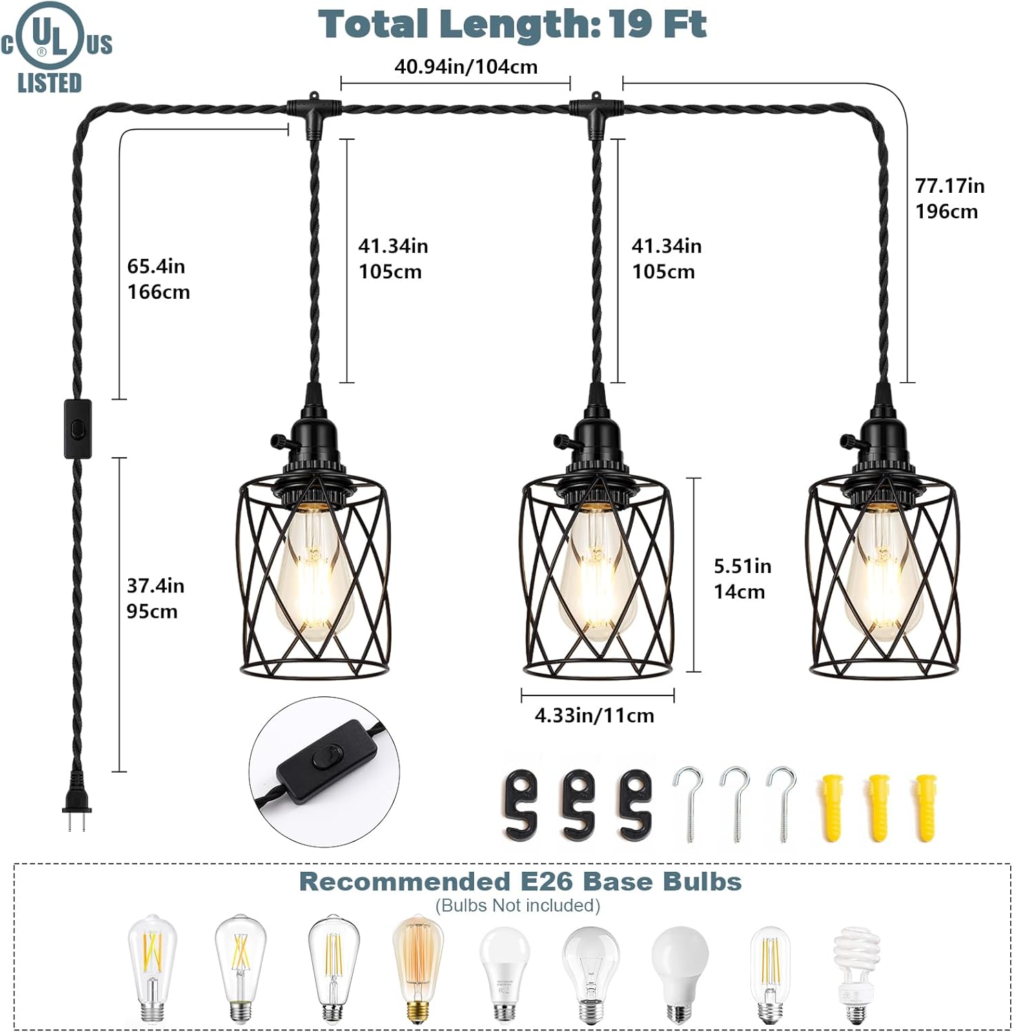 3-Light Plug in Pendant Light, 19FT Hanging Lights with Plug in Cord and On/Off Switch, Industrial Twisted Black Rope Hanging Pendant Fixtures with Metal Shade for Dining Room Kitchen Bedroom