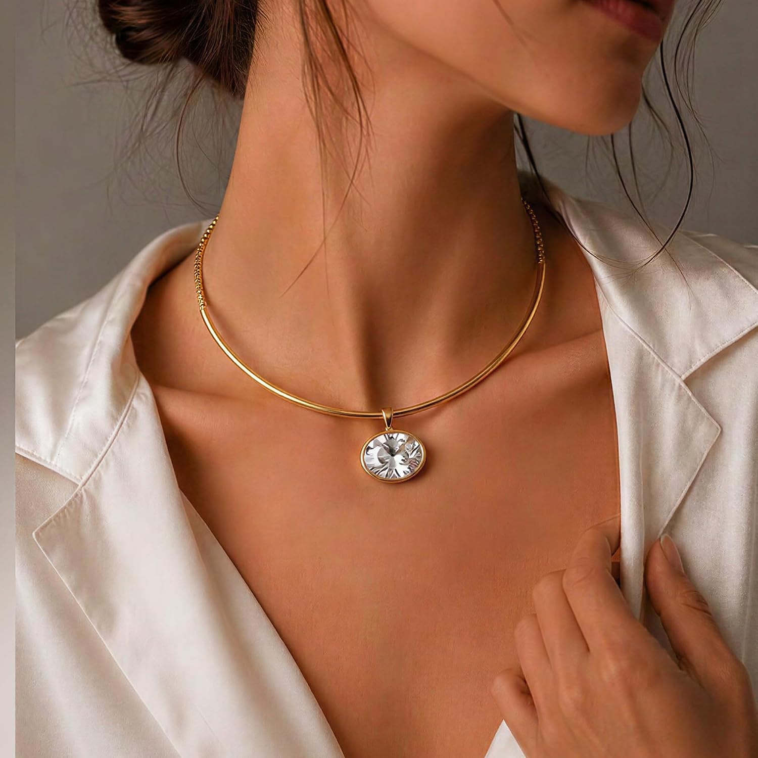 Gold Oval Choker Cuff Necklace Adjustable Collar Jewelry for Women image 2