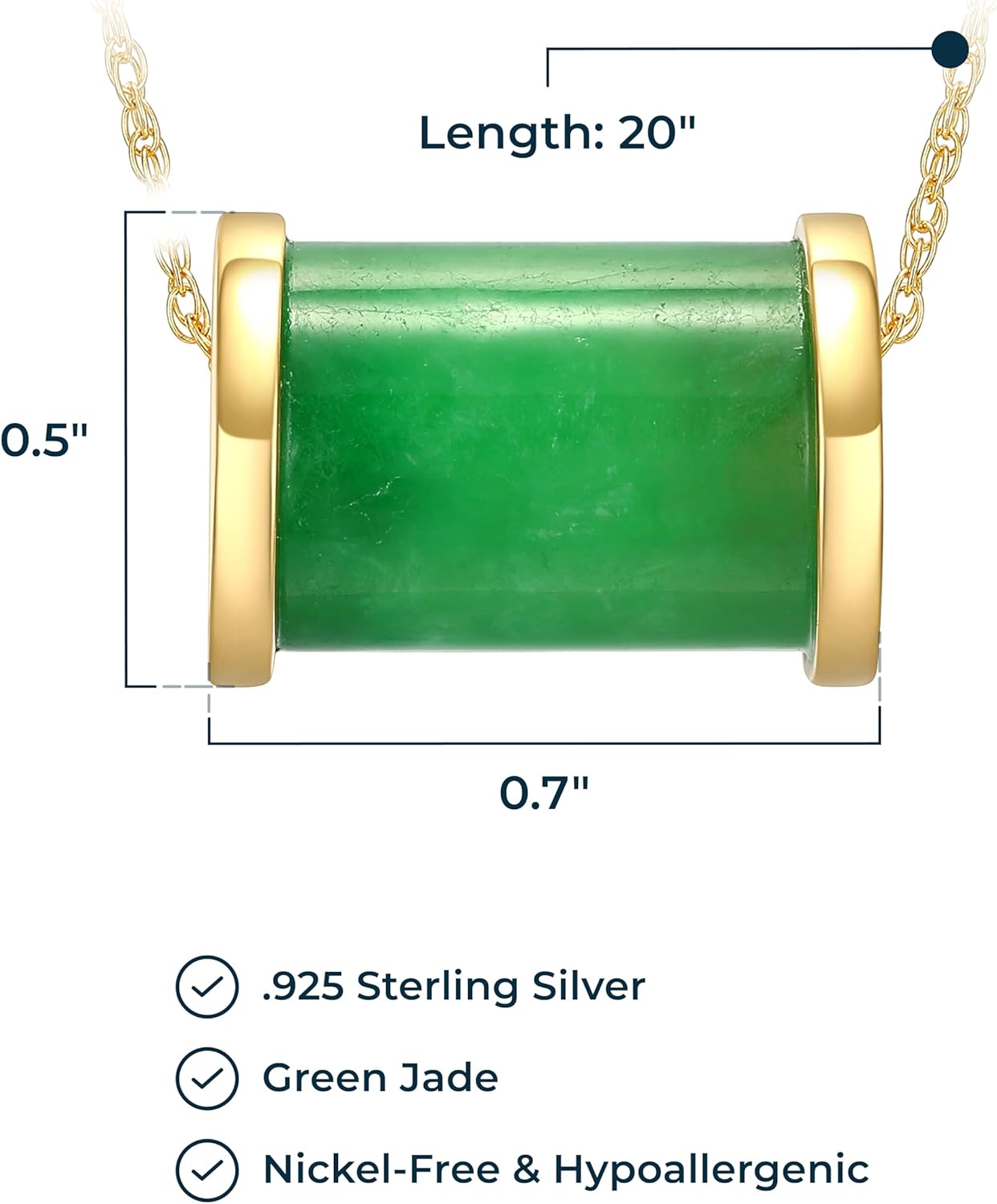 .925 Sterling Silver 14K Yellow Gold Plated Cylindrical Jade Pendant Necklaces for Women - Jade Barrel Hypoallergenic Sterling Silver Necklace for Women, 18 inch