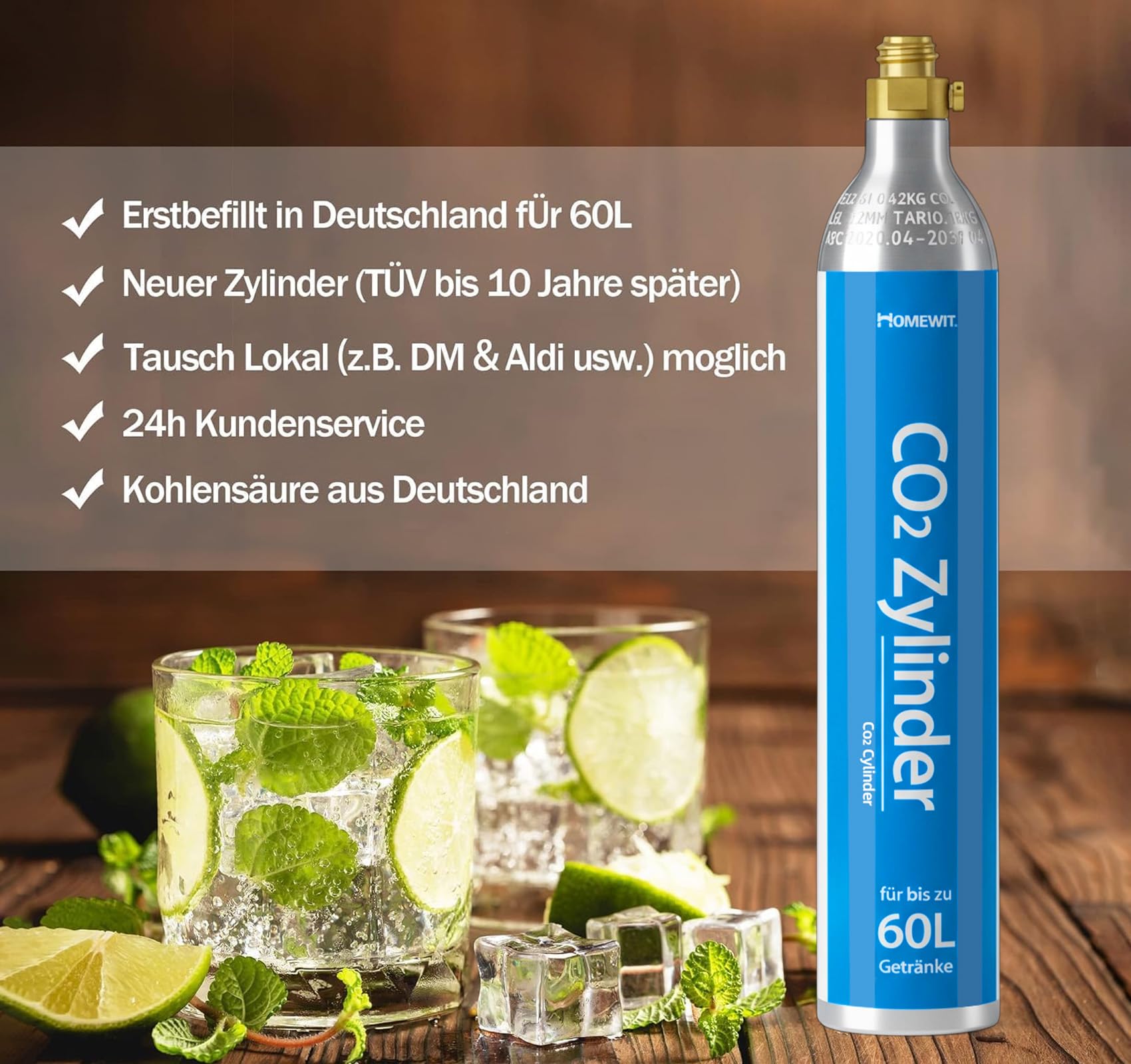 Truevaste CO2 Zylinder, Classic Kohlensäure Soda-Zylinder 60 Liter, CO2 Zylinder für Gasflasche Wassersprudler z.B. Crystal Easy Power Cool, Erstbefüllt in Deutschland, Nicht-Schnellmontage Küche, Haushalt & Wohnen