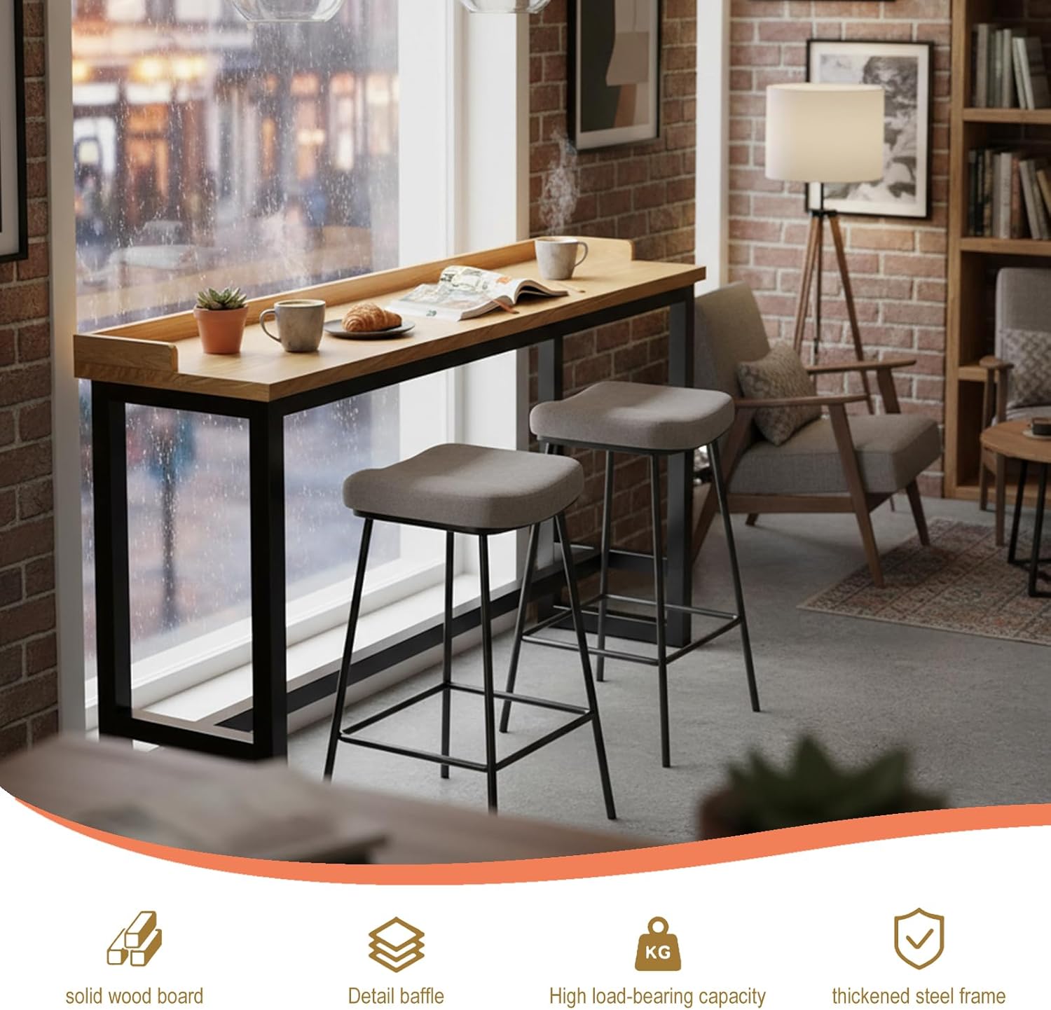 Rustic Long Bar Table with Storage, Wood Narrow Height Pub Table for Kitchen, Small Space, Living Room, Restaurant & Coffee Shop Black(Single-Layer) 47.3×11.9×41"