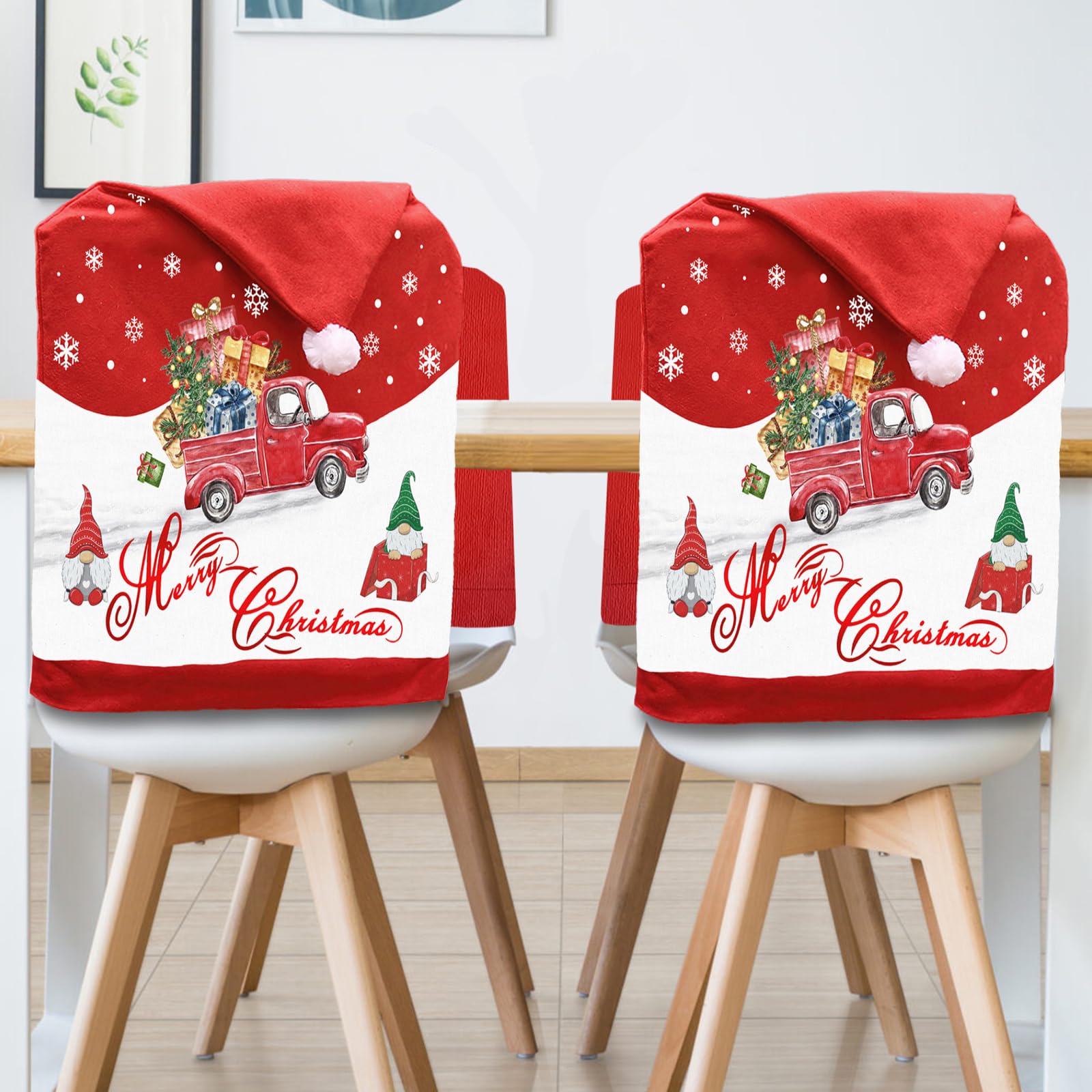 Christmas Chair Covers Set of 4, Christmas Chair Back Covers, Santa Hat Chair Covers, Christmas Decorations Indoor Chair Covers for Dining Room, Christmas Kitchen Decor Dining Room Chair Covers