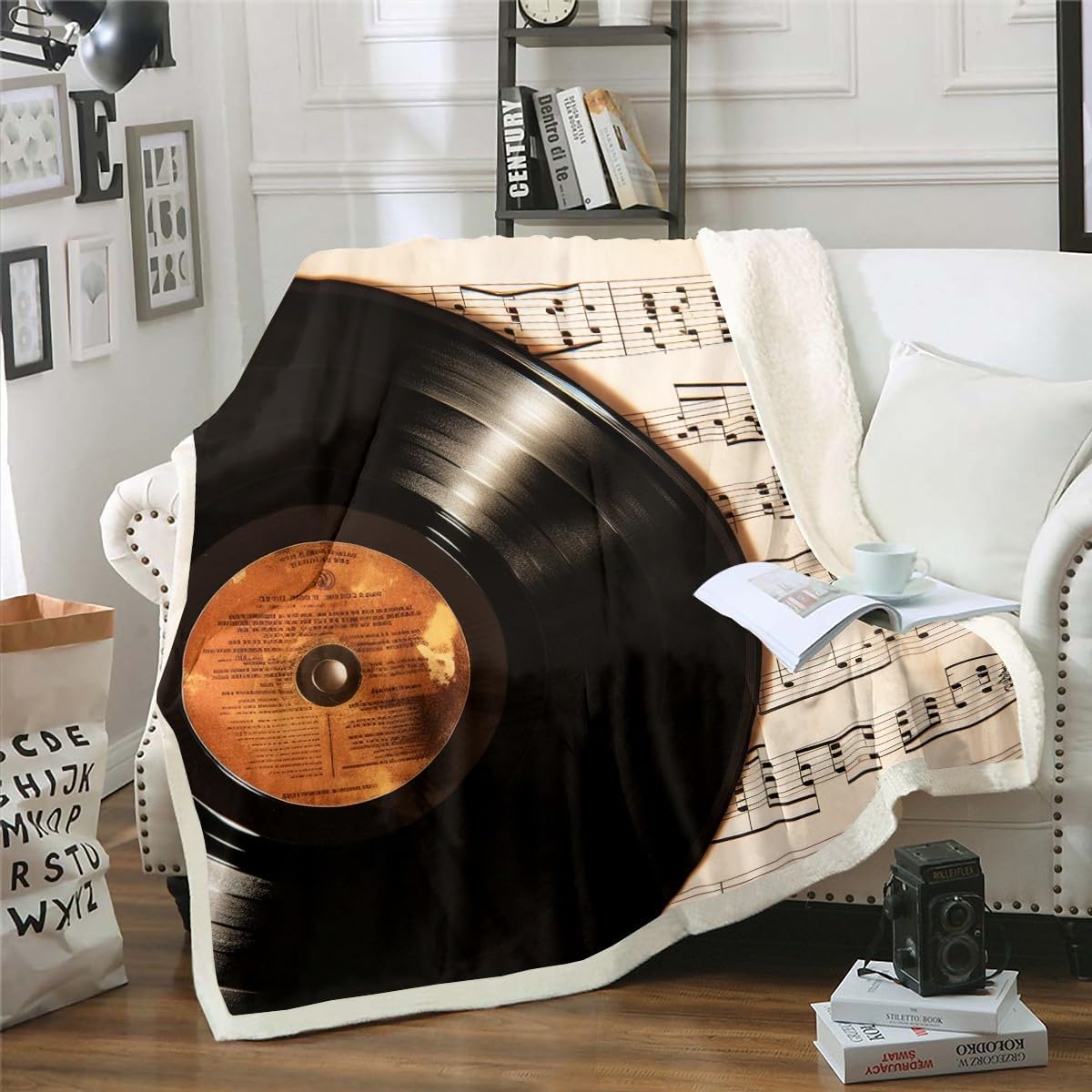 Erosebridal Music Throw Blanket Throw 50x60,Country Vinyl Record Fleece Blanket for Teens Adult Bedroom Decor,Retro Music Notes Fuzzy Blanket,Vintage Melody Rhythm Sherpa Blanket,Brown and Black