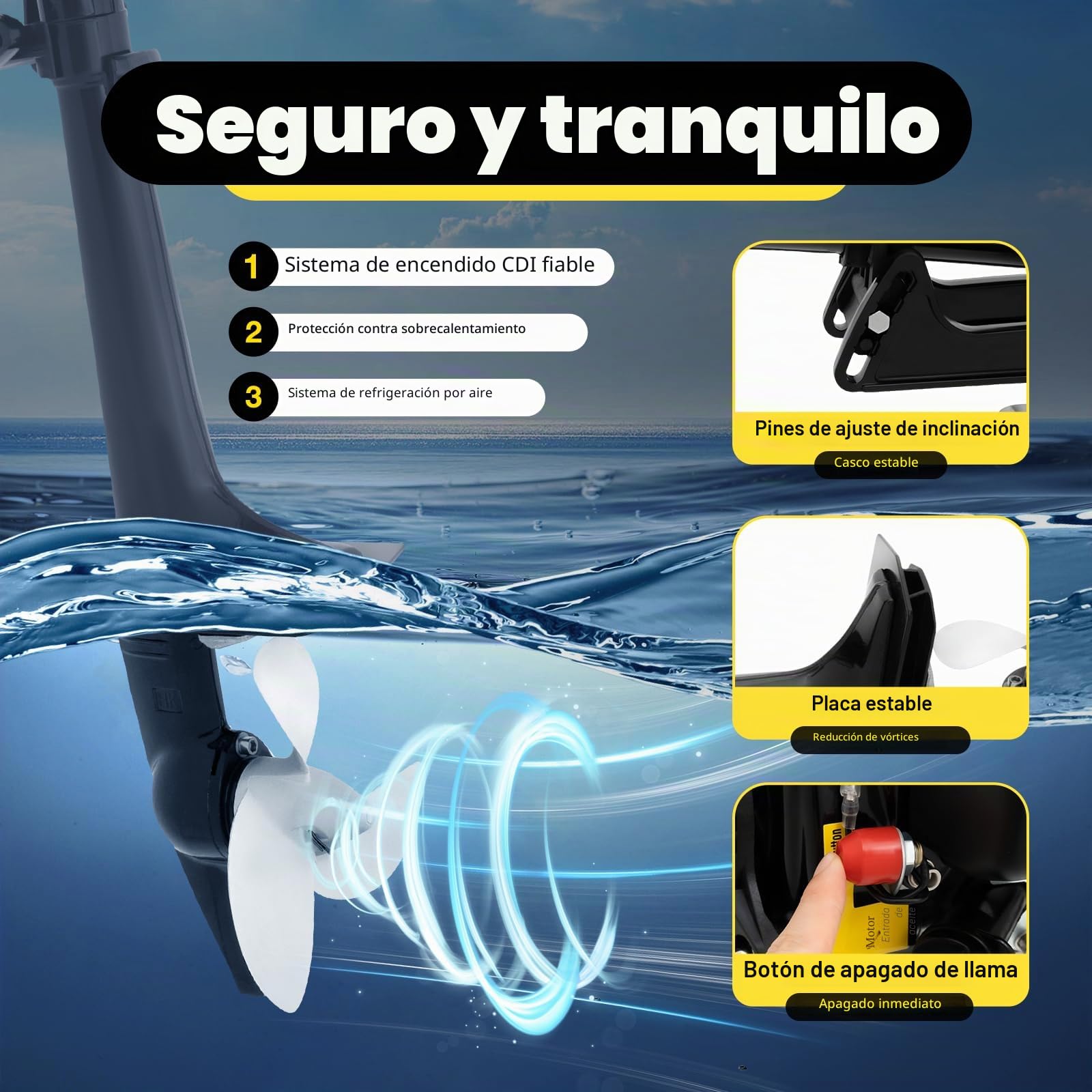 Motor fuera de borda de 4 tiempos 4 CV de gasolina, con sistema de enfriamiento por agua encendido CDI, sistema de enfriamiento por agua, tornillo de sujeción de placa de cola, para botes hinchables