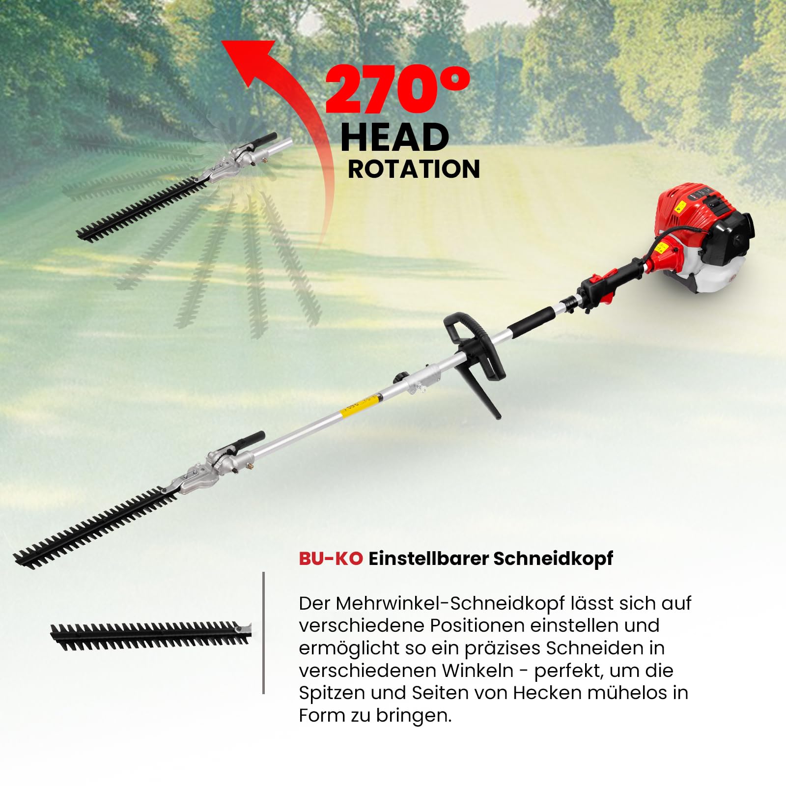 BU-KO 52cc Multifunktions-Gartengerät mit großer Reichweite: Strimmer und Freischneider ausziehbare Heckenschere Kettensäge Rasentrimmer 3X 75cm Verlängerungsstangen