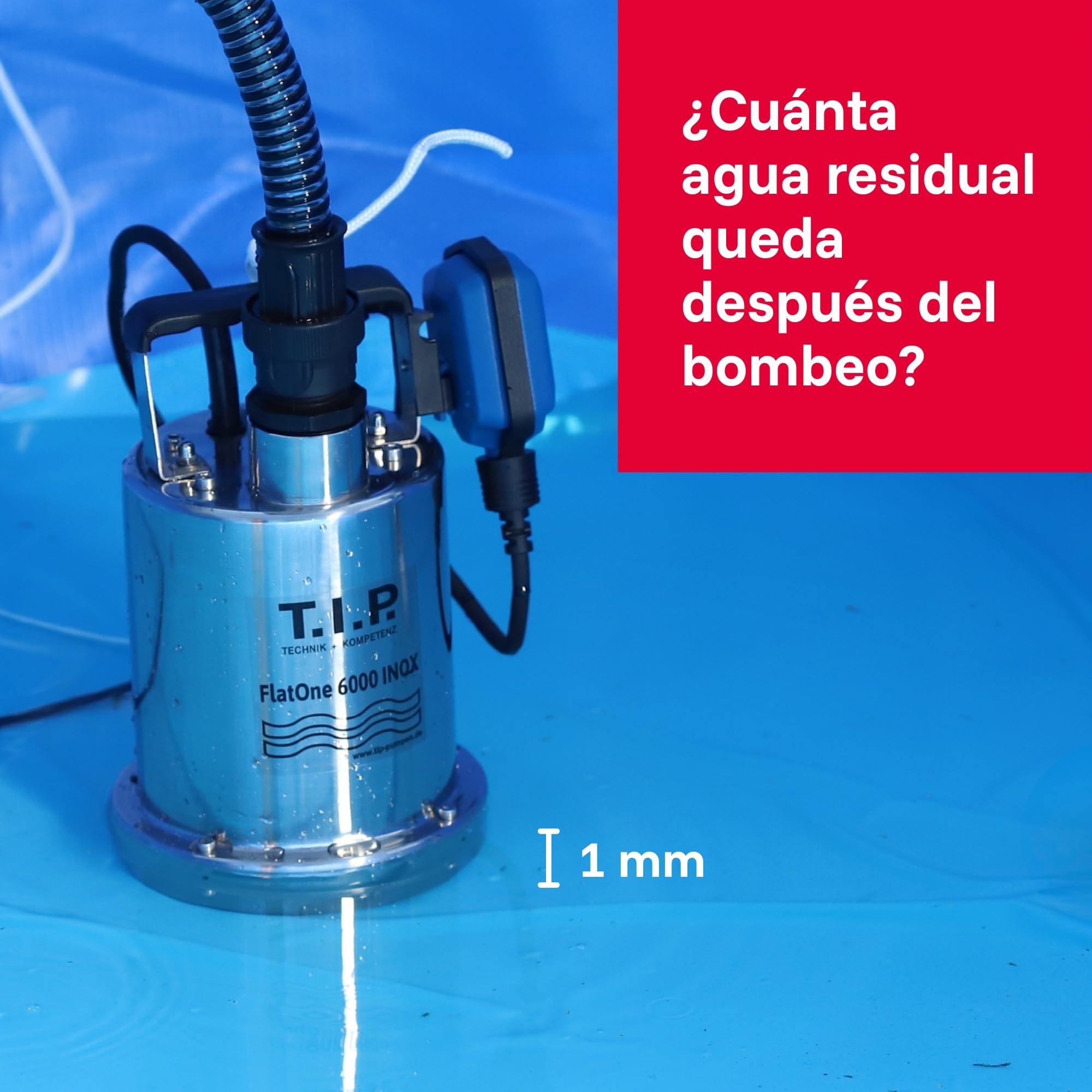 T.I.P. 30440 Bomba de desagüe y desagüe de piscinas FlatOne 6000 INOX, aspiración plana de hasta 1 mm, caudal de hasta 6.000 l/h, 22,5 x 16,5 x 27 cm