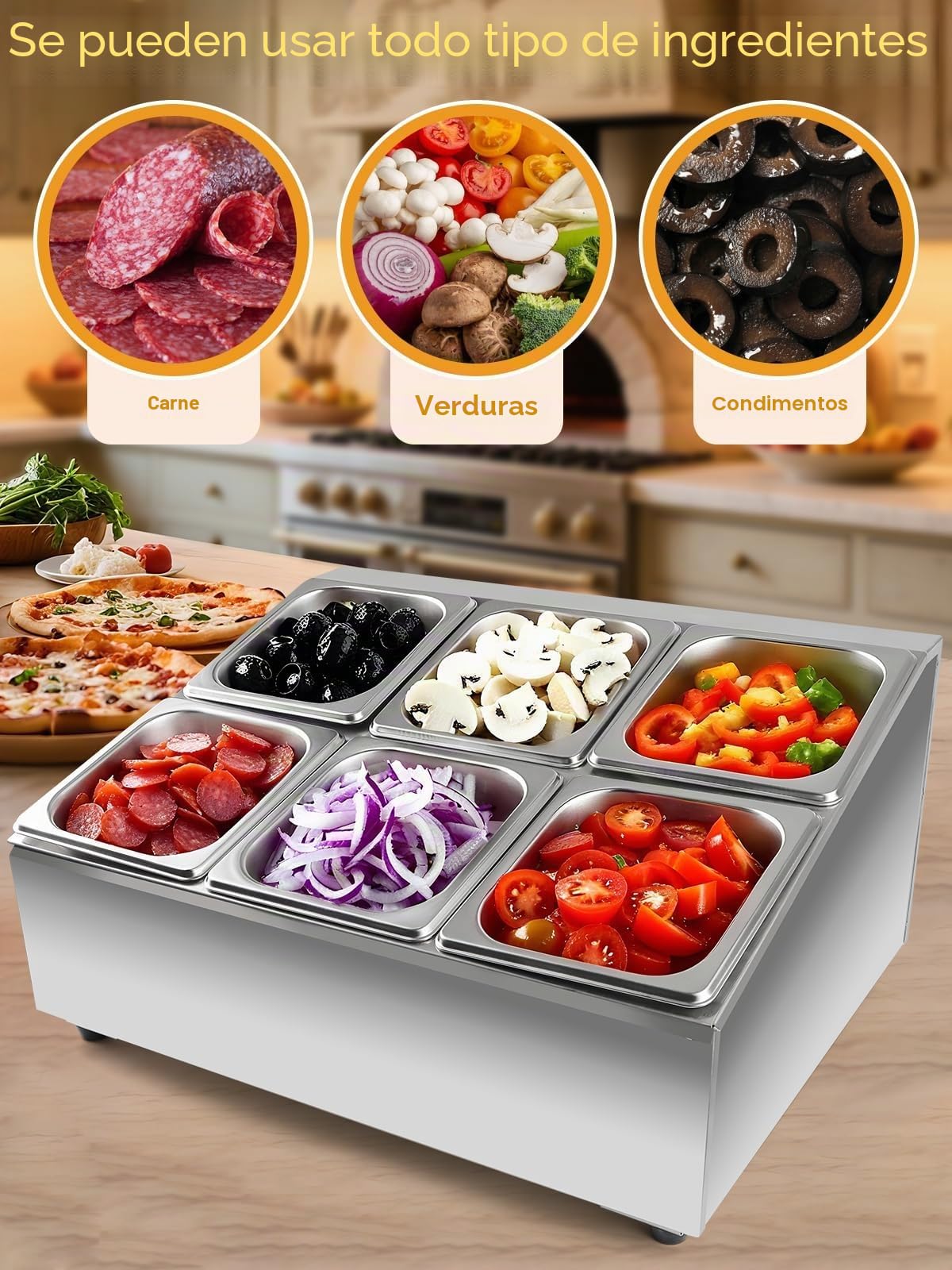 Kalolary - Juego de 6 cacerolas (2 filas de acero inoxidable, con tapas, cucharas, soporte inclinado, encimera, conjunto de contenedores buffet de frutas ingredientes cocina restaurante