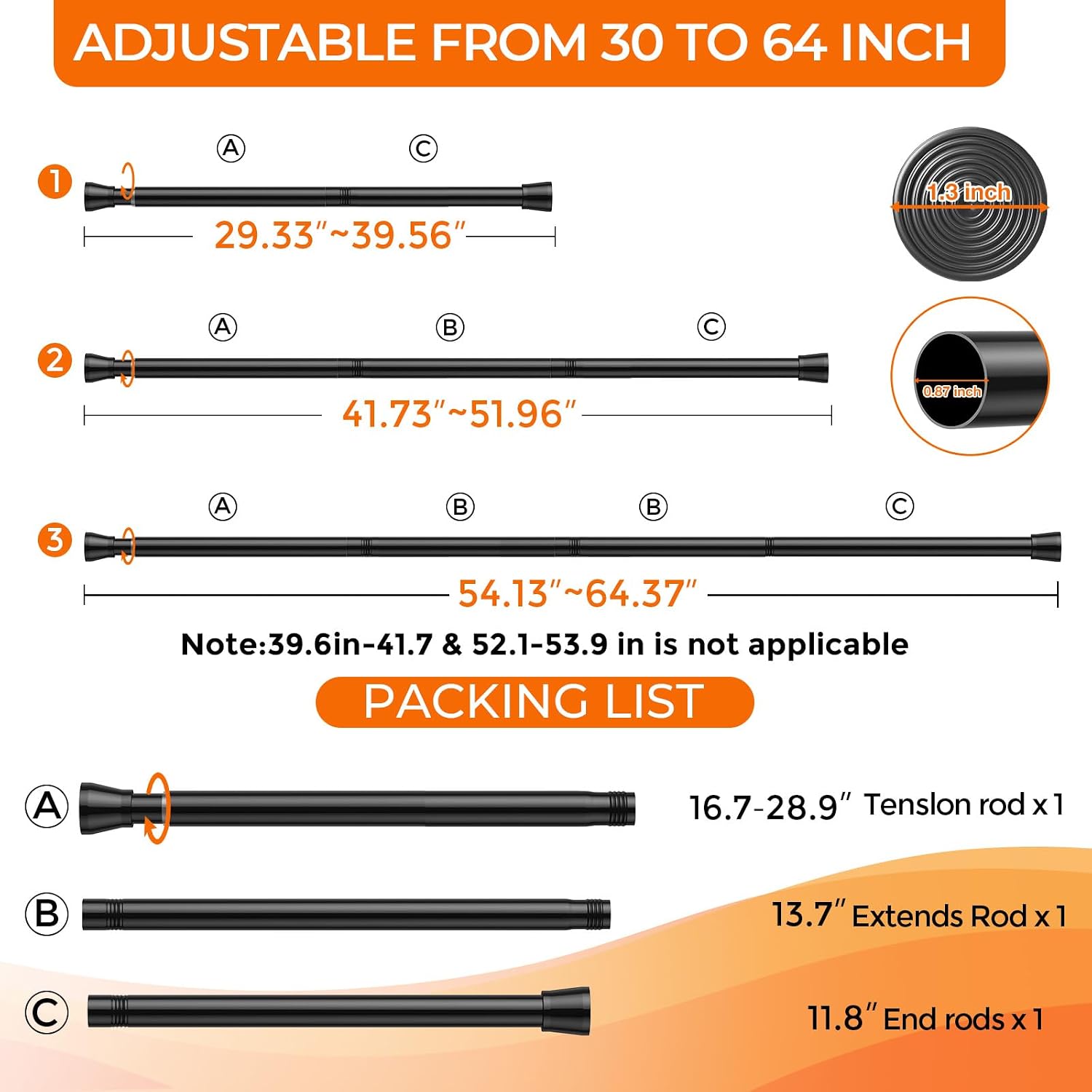 2Pack Tension Curtain Rod for Window 30 to 64 Inch 7/8" Diameter Adjustable Spring Loaded Curtain Rods No Drilling Black Tension Rods for Doorway Closet Door Kitchen Bathroom