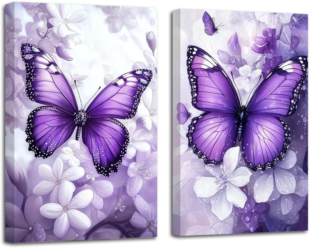 LZIMU Butterfly Wall Art Set of 2 Butterfly Pictures Wall Decor Rustic Floral Canvas Prints for Girls Bedroom Nursery Decor Framed (Blue, 11x14inchx2 Pieces)