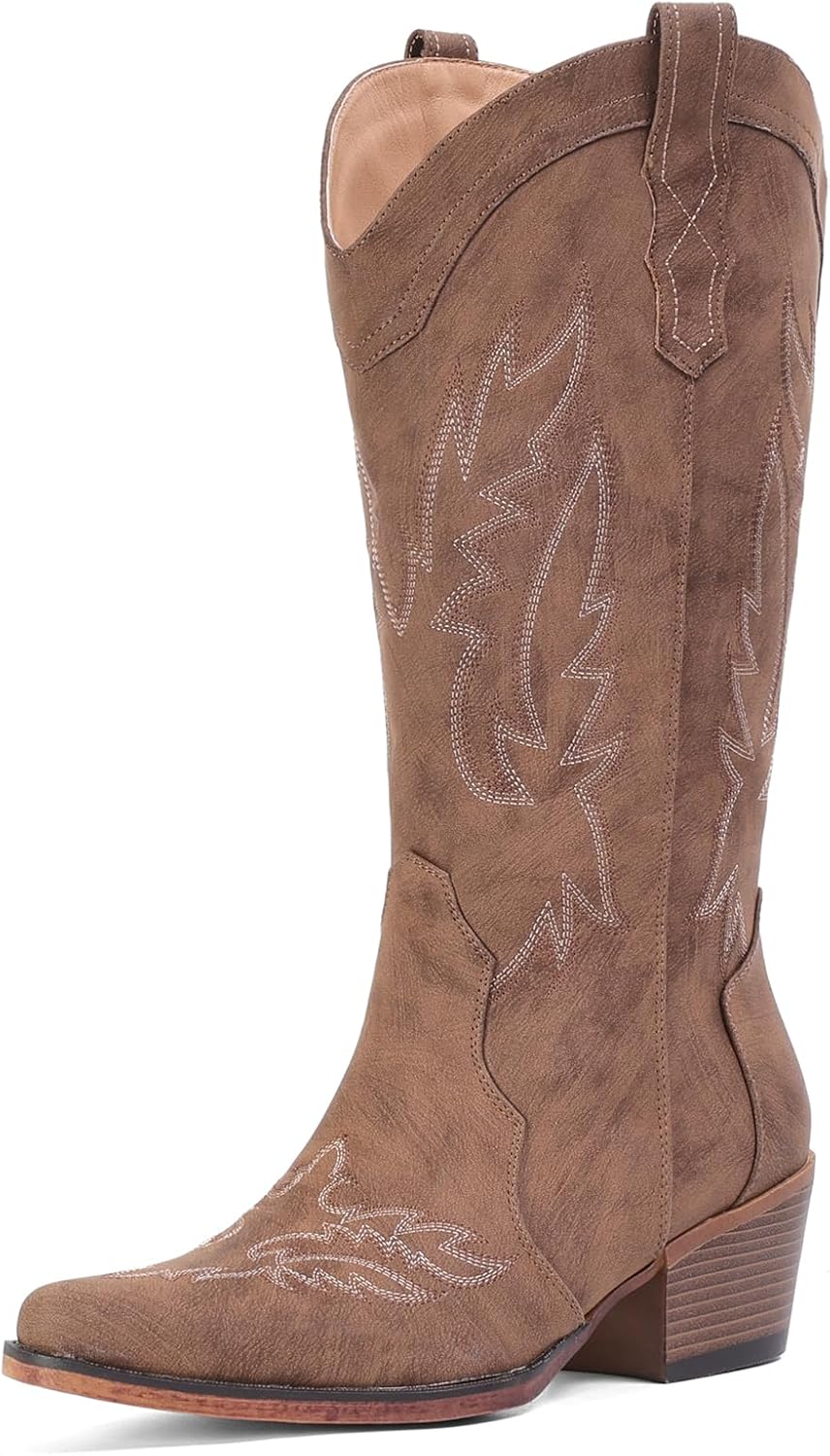 IUV Cowboy Boots for Women Cowgirl Mid Calf Western Boots with Embroidery, Snip Toe Boots with Chunky Heel, Summer Country Music Festival Cowboy Chic - Image 4