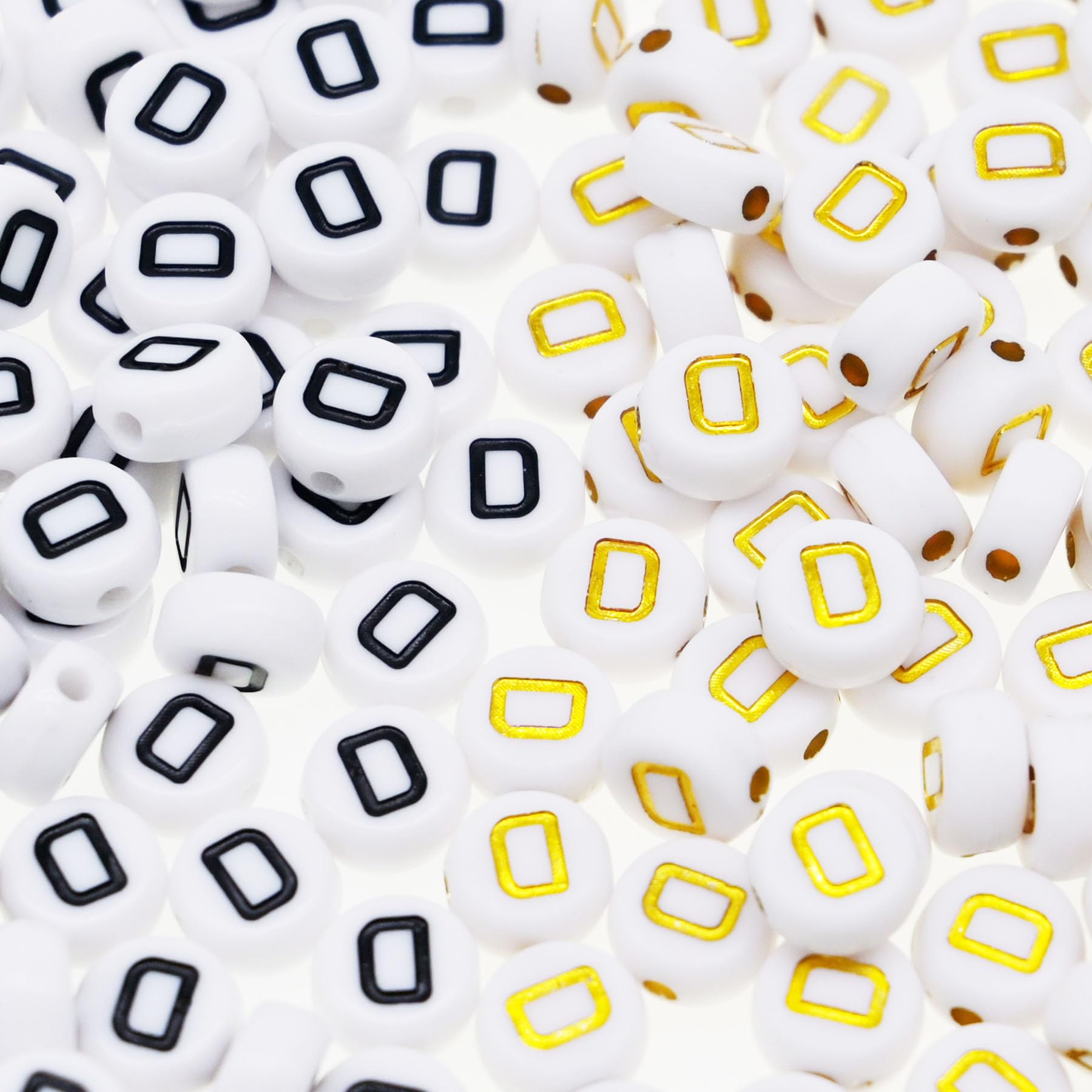 Yiizzxin 200Pcs Round Acrylic Letter D Beads for Bracelets,White Black/Gold Single Letter-D Beads with 100 Beads per Color,4x7mm Flat Alphabet Beads
