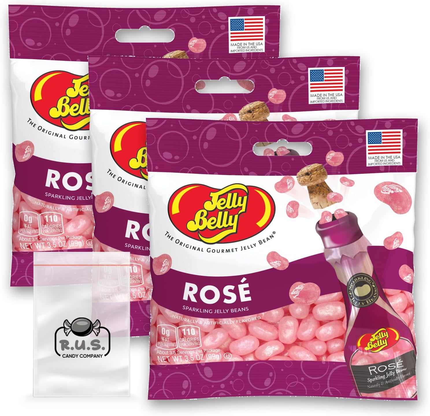 Jelly Belly Rose Jelly Beans- 3 Pack - 3.5 oz each, Gourmet Jelly Beans Elegant Floral Delight! Perfect Candy Mix for Sophisticated Snacking and Gifting this comes with with 1 R.U.S. Candy Company pocket size travel bag (Rose)