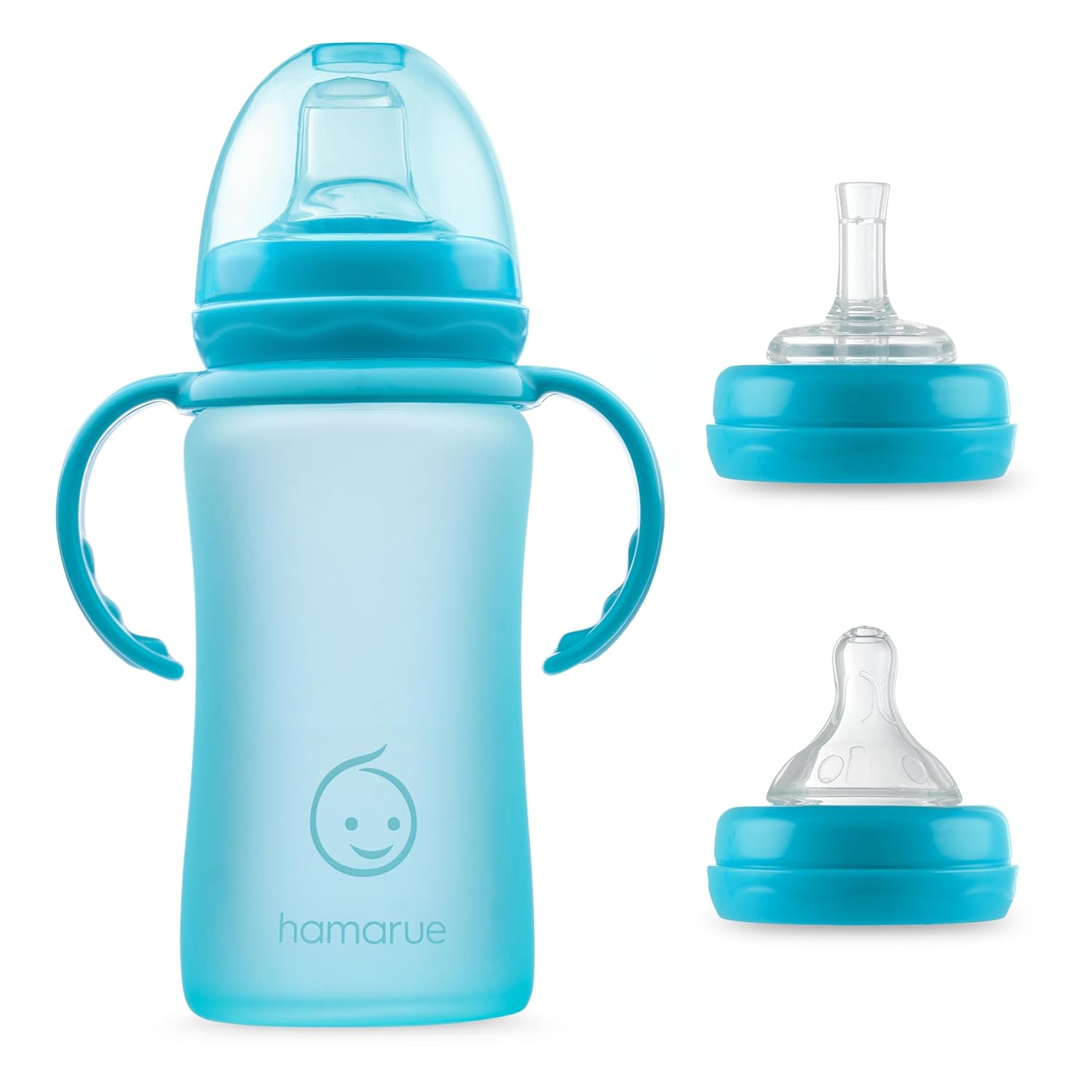 3-in-1 Glass Sippy Cups for Toddlers | Silicone Coated Glass Baby Bottles | Non-Toxic Transition Cup for Baby with Removeable Handles | Baby Straw Cup NB+,3M,6M,12M (Teal, 8 oz)