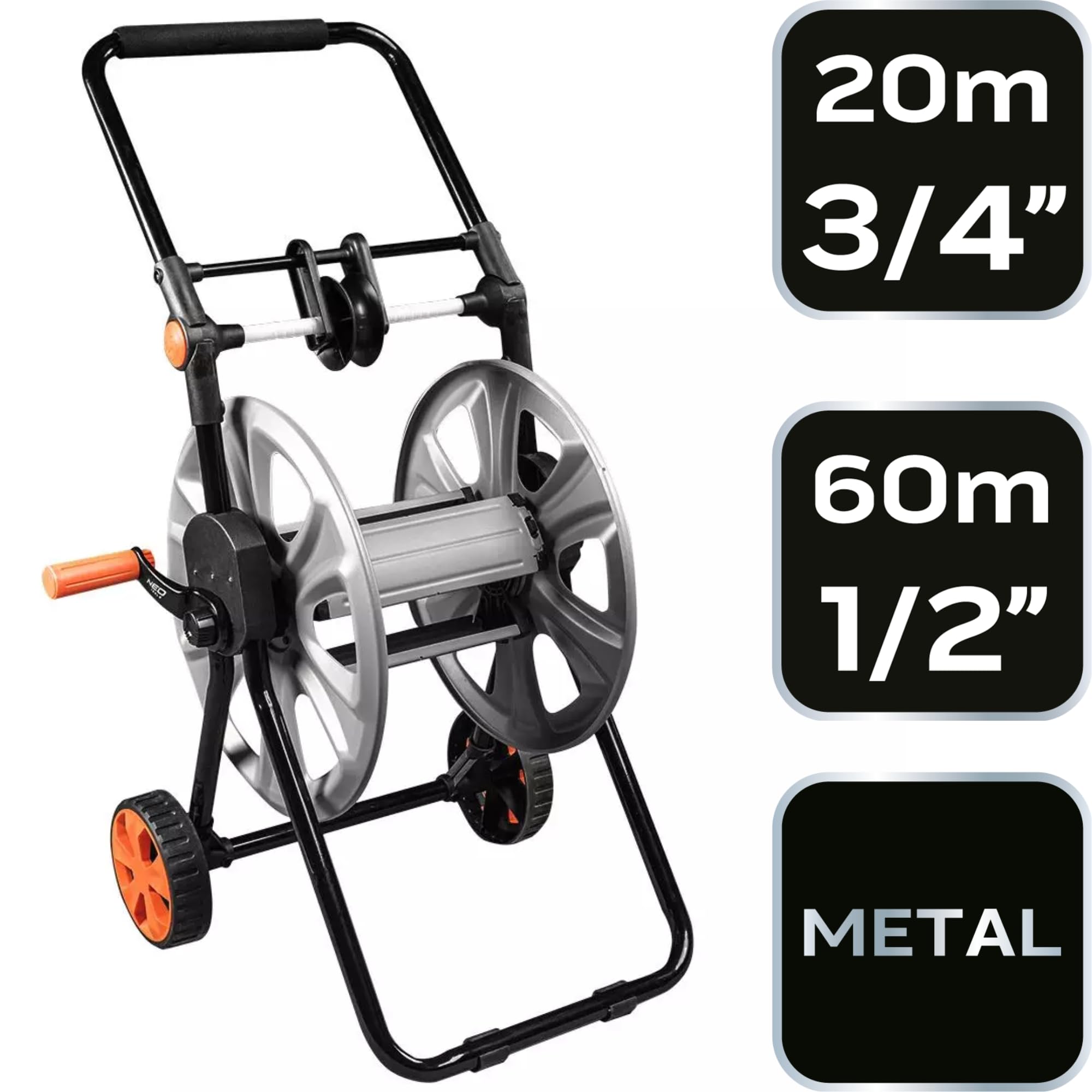 NEO TOOLS Garten Schlauchwagen bis 60 m Gartenschlauch (1/2") - Schlauchtrommel aus Metal | Verhindert Schlauchknicken, Stabil und Langlebig, Rutschfester und Klappbarer Griff, Metallrahmen