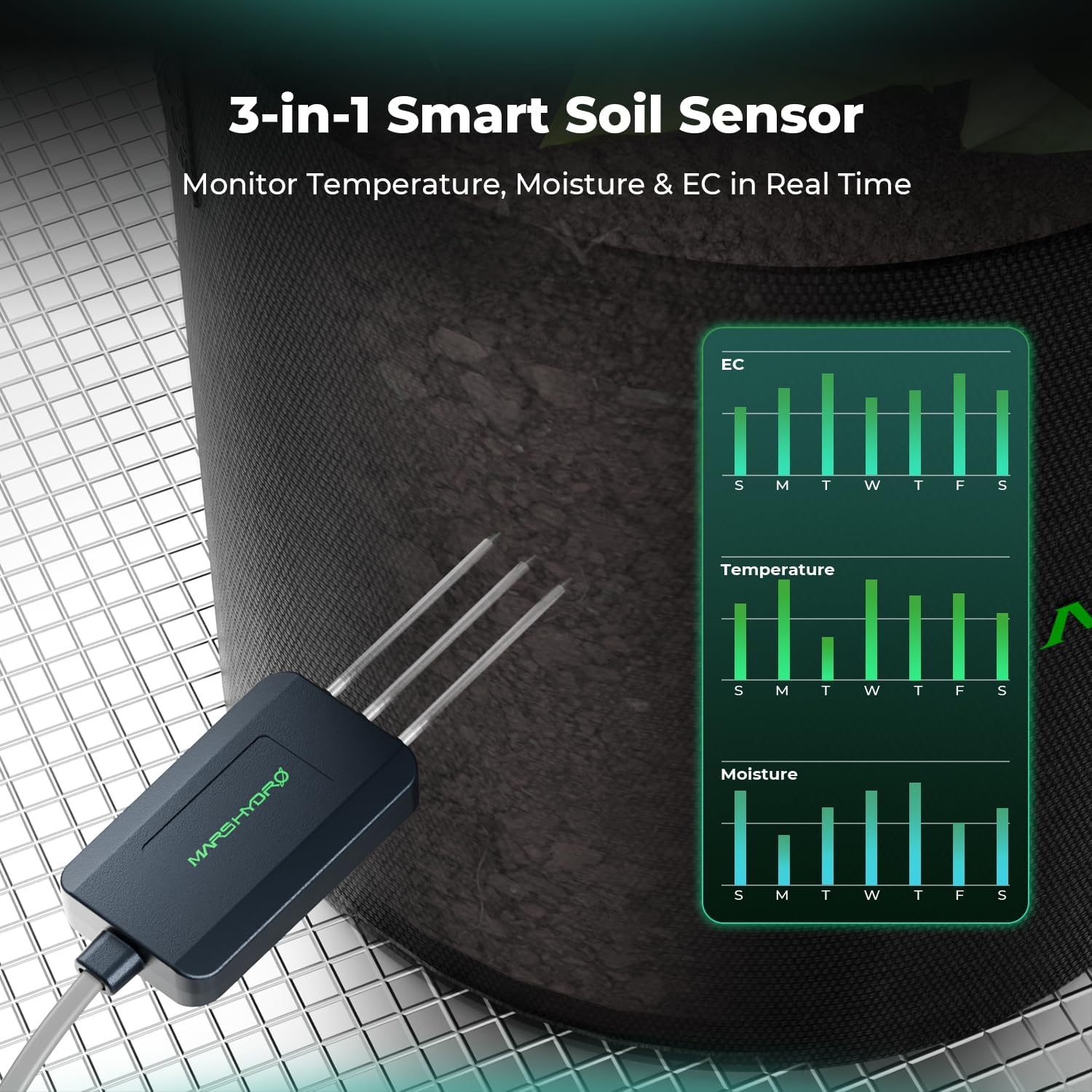 Mars Hydro 3-in-1 Smart Soil Sensor inserted into soil, with a smartphone displaying real-time graphs for EC, Temperature, and Moisture levels.