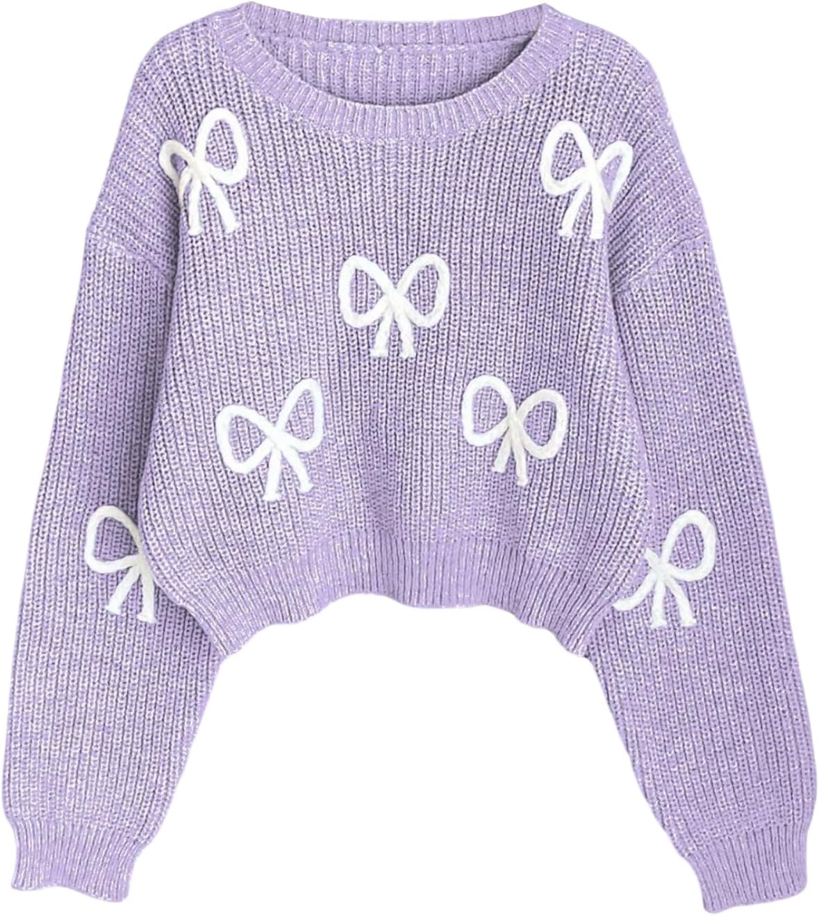 BEAUDRM Girl's Cute Bow Sweater Crew Neck Long Sleeve Drop Shoulder Loose Pullover Tops