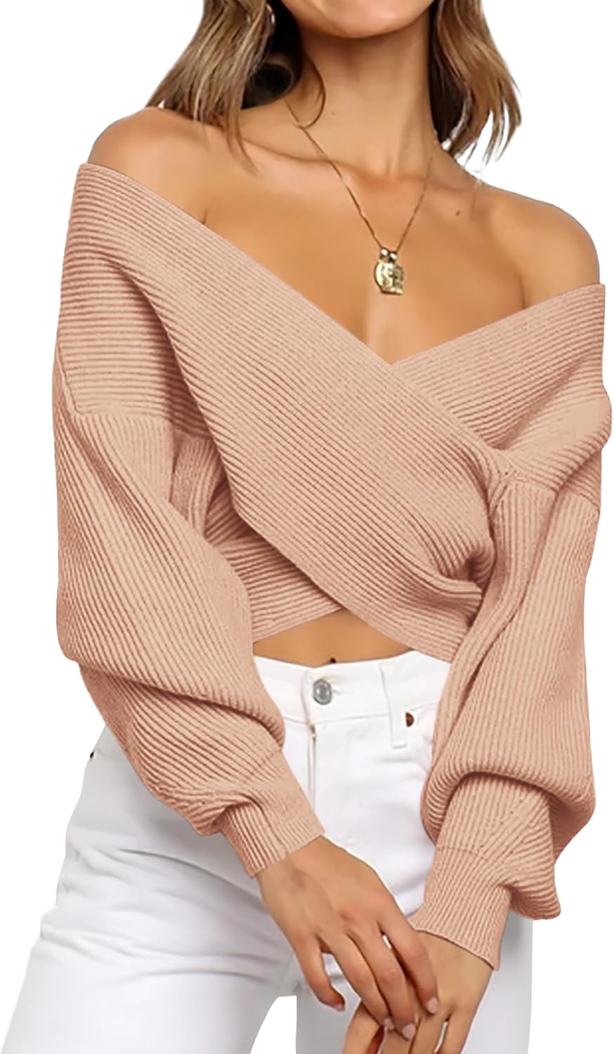 BTFBM Off The Shoulder Sweater for Women Winter Fall Fashion 2026 V Neck Long Sleeve Ribbed Knit Wrap Cropped Sweaters