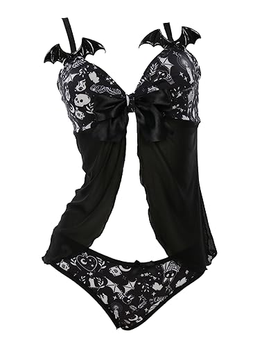 MEOWCOS Women's Nightwear Babydoll Sleepwear Lace V Neck Strap Chemise Halter Lingerie - Black - Small