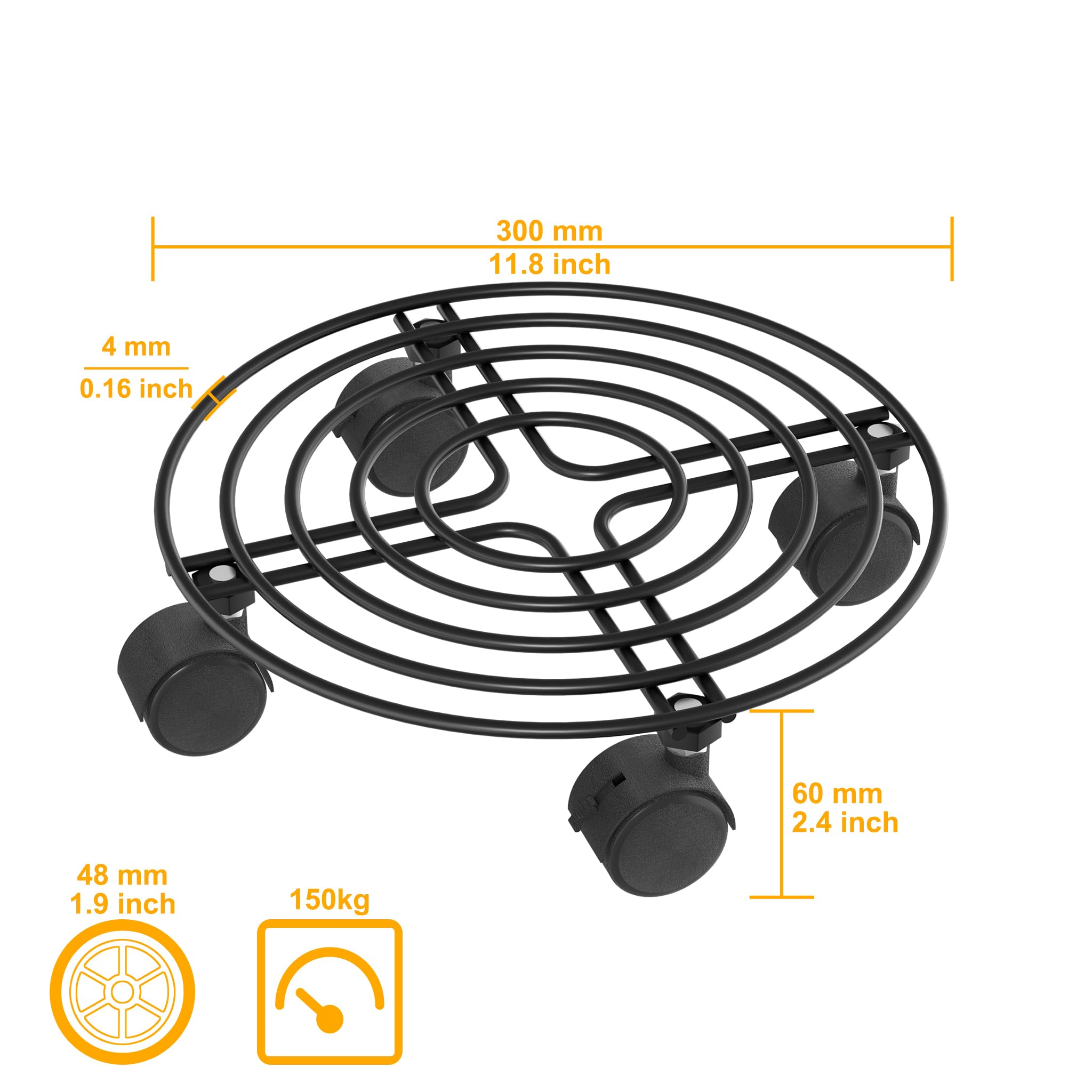 YRHome 2 Stück Pflanzenroller Metall Blumenroller Schwarz für Außenbereich & Innenbereich Blumentopf Untersetzer mit Rollen Pflanzen Caddy mit Rädern Pflanze Roller Basis - Rund Ø30cm - Bis 150KG