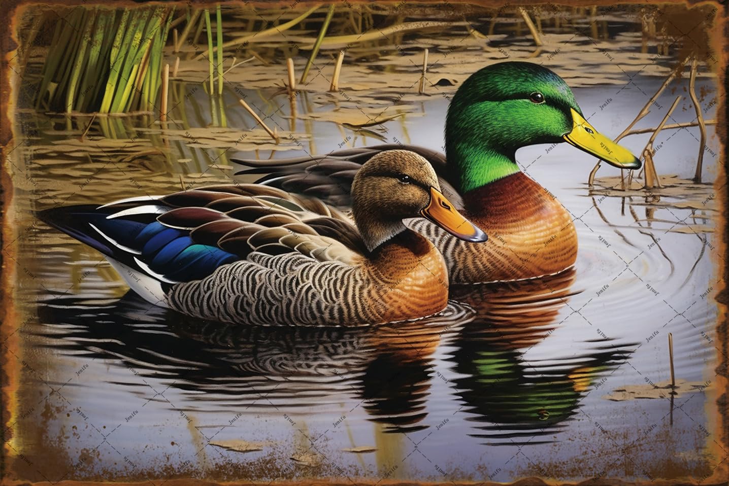 Two Mallard Ducks Swimming Metal Tin Signs Wild Birds Animal Tin Signs Ducks Tin Sign For Outdoor Indoor Lake Garden Country Bedroom Home 8x12 Inch