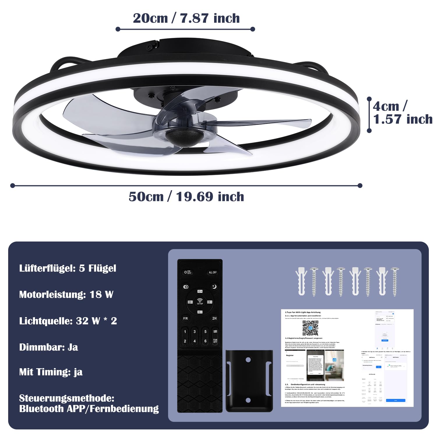 Deckenventilator mit Beleuchtung und Fernbedienung Ø50 cm, Smart LED Deckenleuchte 3 Farbtemperatur und 6 Gang, Timer Sommer-Winterbetrieb Für Wohnzimmer Schlafzimmer, Black
