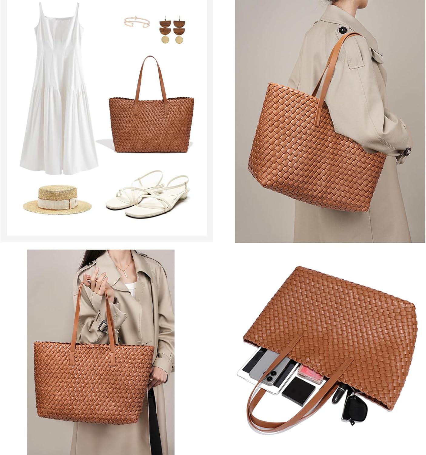 Large Capacity Shoulder Handbag Woven Leather Tote Bag with Matching Pouch Travel Lightweight - Image 3