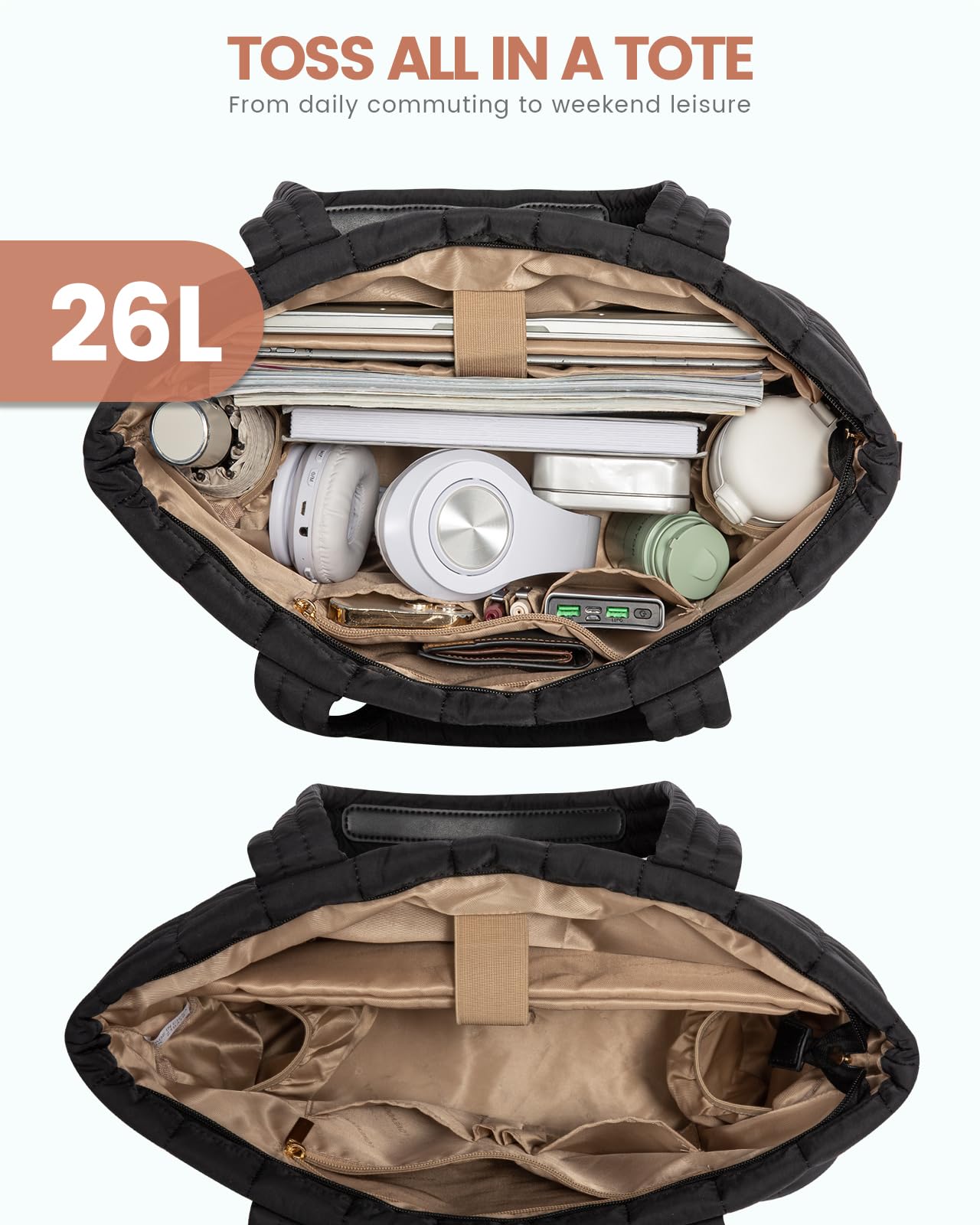 LOVEVOOK Grand Sac Cabas Femme, Sac de Travail et Sac à Main avec Compartiment Ordinateur, Sac de Cours Matelassé Léger pour Lycée, Université, Étudiantes, Enseignantes