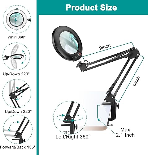 Miniatura 5 de Drdefi - Lupa de 10 veces con luz y abrazadera, lámpara de escritorio con brazo oscilante ajustable con luz LED, 5 modos de color, lámpara de lupa