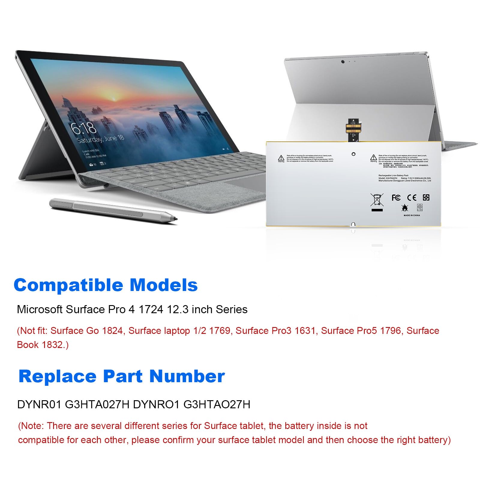 ASUNCELL 38.2wh 7.5v G3HTA027H DYNR01 Notebook Battery for Microsoft Surface Pro 4 1724 12.3 Inch Series