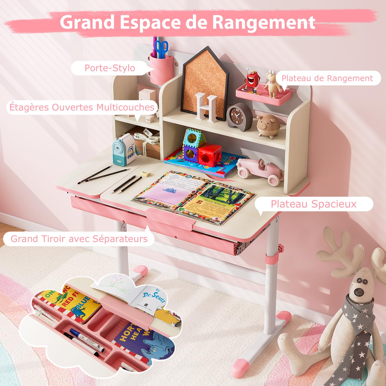 COSTWAY Bureau Enfant Hauteur Réglable Inclinable Table De Dessin