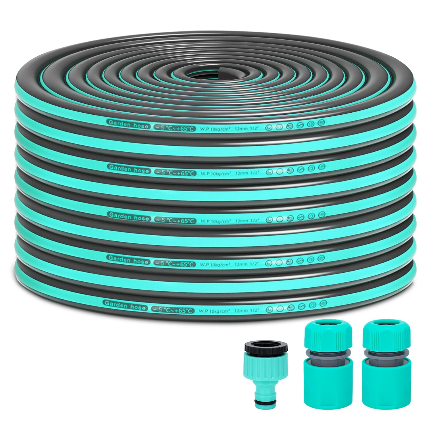Garden Hose Connector Kit, Heavy Duty Hose, Reinforced Frosted Kink Resistant Outer Hose to Connect to Hose Trolley and Garden Hose Spray Gun (Lake Blue 30m)