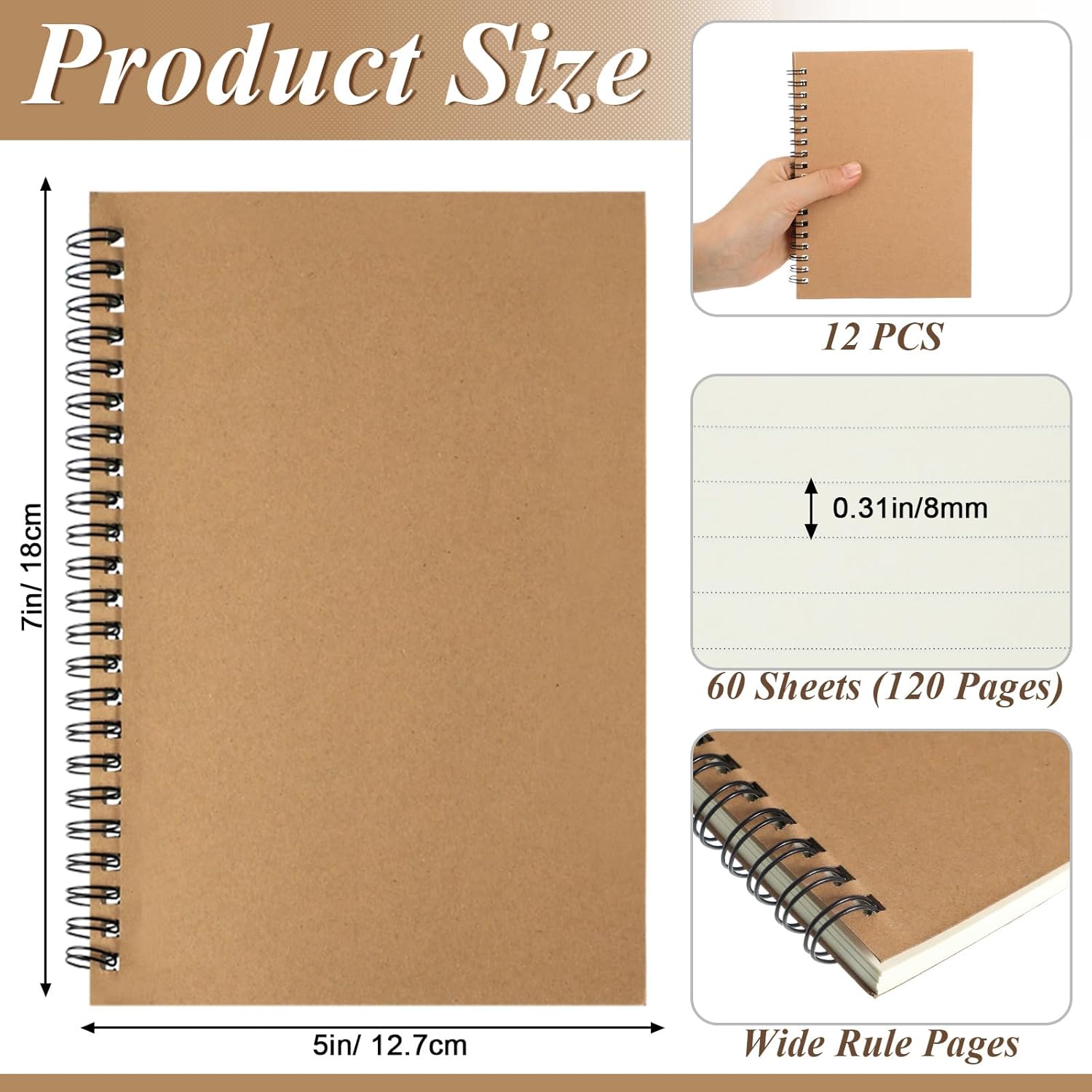 Leelosp 12 Pcs Small Spiral Notebook Lined Spiral Journal College Ruled Notebook Wire Bound Kraft Cover, 120 Pages for Work (Brown,5 x 7 Inch)