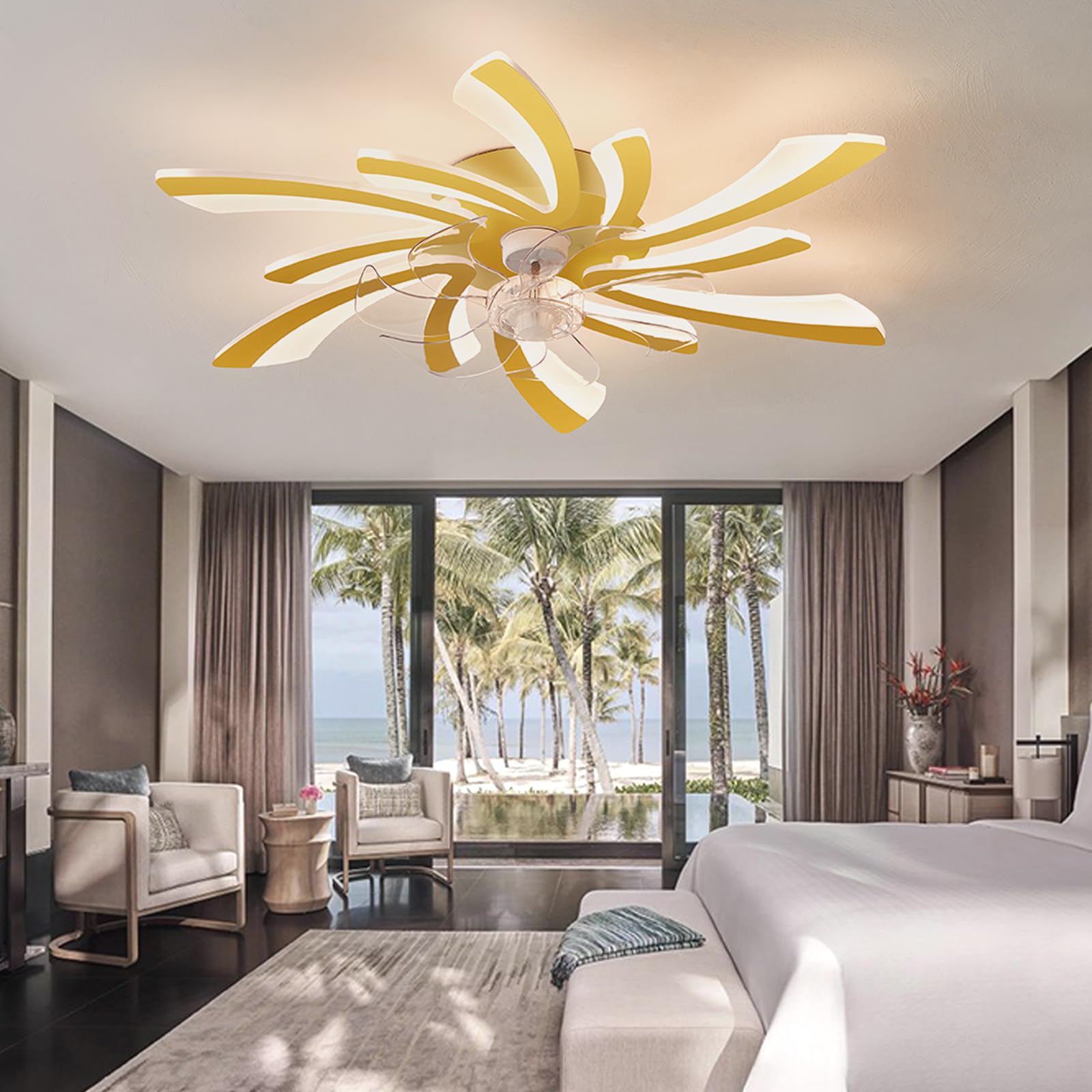 SXDMOUBK Silent Ceiling Fans with Lights and Remote Control Dimmable 6 Speed Living Room Fan Light Ceiling 30.7 in Dc Timer Reversible Ceiling Light with Fan Bedroom Modern Smart-Gold